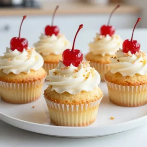 - 1 &frac12; cups all-purpose flour - 1 cup granulated sugar - 1 teaspoon baking powder - &frac12; teaspoon baking soda - &frac14; teaspoon salt - &frac12; cup unsweetened shredded coconut - &frac12; cup unsweetened pineapple juice - &frac12; cup vegetable oil - 2 large eggs - 1 teaspoon vanilla extract - &frac14; cup crushed pineapple, well-drained - For the Frosting: - 1 cup unsalted butter, softened to room temperature - 4 cups powdered sugar - 2 tablespoons coconut cream - 1 teaspoon vanilla extract - Toasted coconut flakes and maraschino cherries for garnish You can swap some ingredients if needed. Use whole wheat flour for a healthier option. Honey or maple syrup can replace granulated sugar. You can use applesauce instead of vegetable oil for a lighter cupcake. If you want a vegan option, replace eggs with flax eggs. For coconut cream, a dairy-free cream will also work well. - Pineapple Juice: This juice adds a sweet and tangy flavor. It keeps the cupcakes moist and gives them a tropical touch. - Shredded Coconut: This ingredient gives a chewy texture. It also enhances the coconut flavor in each bite. - Crushed Pineapple: Drained crushed pineapple brings bursts of juicy flavor. It makes the cupcakes taste fresh and fruity. - Unsalted Butter: For frosting, butter creates a creamy texture. It helps achieve the perfect sweetness level when mixed with powdered sugar. These ingredients work together to create a delightful tropical cupcake that makes you feel like you are on a beach vacation! {{ingredient_image_2}} Before you start, gather all your ingredients. You will need all-purpose flour, sugar, baking powder, baking soda, salt, shredded coconut, pineapple juice, vegetable oil, eggs, and vanilla extract. For the frosting, have butter, powdered sugar, coconut cream, and more vanilla on hand. Preheat your oven to 350&deg;F (175&deg;C) and line a muffin tin with cupcake liners. 1. In a large bowl, mix the flour, sugar, baking powder, baking soda, and salt. 2. In another bowl, combine shredded coconut, pineapple juice, vegetable oil, eggs, and vanilla. Whisk until smooth. 3. Pour the wet mix into the dry ingredients. Stir gently with a spatula. 4. Add in well-drained crushed pineapple. Fold it in carefully. 5. Fill each cupcake liner two-thirds full with batter. 6. Bake for 18-20 minutes. Use a toothpick to check if they are done. 7. After baking, cool the cupcakes in the pan for 5 minutes. Transfer them to a wire rack to cool completely. 1. In a mixing bowl, beat softened butter until creamy with an electric mixer. 2. Gradually add powdered sugar on low speed until combined. 3. Add coconut cream and vanilla extract. Increase speed to medium and beat until fluffy. 4. If too thick, add a bit more coconut cream or powdered sugar. 5. Once the cupcakes are cool, frost each one generously. 6. Top with toasted coconut flakes and a maraschino cherry for a fun finish. Baking can be tricky, but simple steps help. First, always measure your ingredients. Use a kitchen scale for accuracy. Next, make sure your oven is at the right temperature. An oven thermometer ensures your heat is just right. Also, avoid overmixing your batter. Mix until just combined to keep your cupcakes light and fluffy. Lastly, let the cupcakes cool completely before frosting. This prevents the icing from melting. Frosting your cupcakes can be fun! Start with a piping bag for a neat look. Use a star tip for swirls or a round tip for a smooth finish. Apply frosting in a circular motion, starting from the edge and moving inward. If you want a thick layer, add a second coat after the first sets. Don&rsquo;t forget to top with toasted coconut flakes and a cherry for flair! To boost flavor, use fresh ingredients. Fresh pineapple adds a bright taste. You can also add a splash of rum extract for that classic pi&ntilde;a colada vibe. For extra coconut flavor, try coconut milk in the batter. Another tip is to add a pinch of lime zest. This gives the cupcakes a refreshing twist. Remember, taste is key, so adjust flavors as you go! Pro Tips Use Fresh Ingredients: For the best flavor, opt for fresh pineapple juice and shredded coconut rather than canned or pre-packaged options. Don't Overmix: When combining wet and dry ingredients, mix until just combined to ensure light and fluffy cupcakes. Cooling Time Matters: Allow the cupcakes to cool completely before frosting to prevent the frosting from melting. Garnish for Appeal: Adding toasted coconut flakes and maraschino cherries not only enhances flavor but also makes the cupcakes visually appealing. {{image_4}} You can easily make gluten-free Pina Colada cupcakes. Replace all-purpose flour with a gluten-free blend. Look for blends that include xanthan gum for the best texture. Keep the rest of the ingredients the same. This way, you still get that delicious coconut and pineapple flavor. If you love bite-sized treats, try mini Pina Colada cupcakes. Use the same batter but fill mini cupcake liners. Bake them for about 12-15 minutes. These little gems are perfect for parties. Don&rsquo;t forget to use the same fluffy frosting and toppings. They will look cute and taste amazing! You can make these cupcakes vegan with some simple swaps. Use plant-based milk instead of eggs. Flaxseed meal works well as an egg substitute. Combine 1 tablespoon of flaxseed meal with 2.5 tablespoons of water and let it sit until it thickens. Also, use coconut oil instead of vegetable oil. This keeps the tropical flavor strong while being vegan-friendly! To keep leftover cupcakes fresh, place them in an airtight container. This will help prevent them from drying out. If you have a lot, stack them carefully with parchment paper between layers. Store them at room temperature for up to three days. If you want to save them longer, consider freezing. To freeze cupcakes, first let them cool completely. Wrap each cupcake in plastic wrap tightly. Then, place them in a freezer-safe bag or container. Label the bag with the date. You can freeze them for up to three months. When ready to enjoy, thaw them in the fridge overnight or at room temperature for a few hours. For the best flavor, eat the cupcakes within a few days. If you plan to frost them later, store unfrosted cupcakes to avoid sogginess. Frost them just before serving for a fresh taste. Always keep cupcakes away from direct sunlight and heat sources to maintain their texture and flavor. Yes, you can make these cupcakes ahead of time. Bake your cupcakes and let them cool completely. Once cool, store them in an airtight container at room temperature for up to three days. You can also freeze them for up to three months. Just remember to frost them after thawing to keep the frosting fresh. If you need a substitute for pineapple juice, try using orange juice or coconut water. Both options offer a fruity sweetness that complements the other flavors. If you want a stronger coconut taste, use coconut milk. Just keep in mind that it may change the texture slightly. To boost the coconut flavor, add extra shredded coconut to the batter. You can also mix in coconut extract for a more intense taste. Another great idea is to use coconut cream in the frosting. This will give your cupcakes a yummy coconut kick that pairs well with the pineapple. You learned the steps to make Pina Colada Cupcakes, from gathering ingredients to storage tips. Remember, ingredient swaps and flavor tricks can boost your baking skills. Don&rsquo;t shy away from trying variations like gluten-free or vegan options. With practice, you will create delightful treats that everyone will love. These cupcakes can bring a taste of paradise to your table anytime. Enjoy your baking journey!