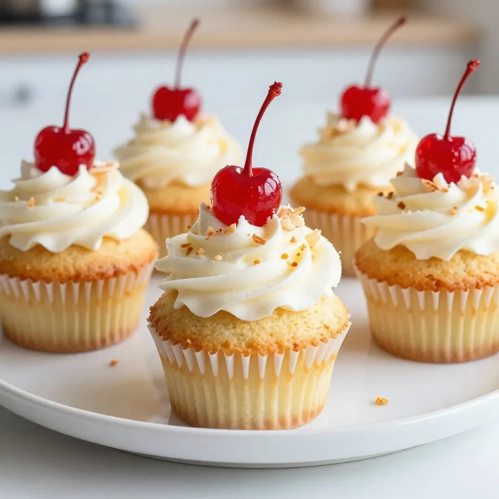 - 1 &frac12; cups all-purpose flour - 1 cup granulated sugar - 1 teaspoon baking powder - &frac12; teaspoon baking soda - &frac14; teaspoon salt - &frac12; cup unsweetened shredded coconut - &frac12; cup unsweetened pineapple juice - &frac12; cup vegetable oil - 2 large eggs - 1 teaspoon vanilla extract - &frac14; cup crushed pineapple, well-drained - For the Frosting: - 1 cup unsalted butter, softened to room temperature - 4 cups powdered sugar - 2 tablespoons coconut cream - 1 teaspoon vanilla extract - Toasted coconut flakes and maraschino cherries for garnish You can swap some ingredients if needed. Use whole wheat flour for a healthier option. Honey or maple syrup can replace granulated sugar. You can use applesauce instead of vegetable oil for a lighter cupcake. If you want a vegan option, replace eggs with flax eggs. For coconut cream, a dairy-free cream will also work well. - Pineapple Juice: This juice adds a sweet and tangy flavor. It keeps the cupcakes moist and gives them a tropical touch. - Shredded Coconut: This ingredient gives a chewy texture. It also enhances the coconut flavor in each bite. - Crushed Pineapple: Drained crushed pineapple brings bursts of juicy flavor. It makes the cupcakes taste fresh and fruity. - Unsalted Butter: For frosting, butter creates a creamy texture. It helps achieve the perfect sweetness level when mixed with powdered sugar. These ingredients work together to create a delightful tropical cupcake that makes you feel like you are on a beach vacation! {{ingredient_image_2}} Before you start, gather all your ingredients. You will need all-purpose flour, sugar, baking powder, baking soda, salt, shredded coconut, pineapple juice, vegetable oil, eggs, and vanilla extract. For the frosting, have butter, powdered sugar, coconut cream, and more vanilla on hand. Preheat your oven to 350&deg;F (175&deg;C) and line a muffin tin with cupcake liners. 1. In a large bowl, mix the flour, sugar, baking powder, baking soda, and salt. 2. In another bowl, combine shredded coconut, pineapple juice, vegetable oil, eggs, and vanilla. Whisk until smooth. 3. Pour the wet mix into the dry ingredients. Stir gently with a spatula. 4. Add in well-drained crushed pineapple. Fold it in carefully. 5. Fill each cupcake liner two-thirds full with batter. 6. Bake for 18-20 minutes. Use a toothpick to check if they are done. 7. After baking, cool the cupcakes in the pan for 5 minutes. Transfer them to a wire rack to cool completely. 1. In a mixing bowl, beat softened butter until creamy with an electric mixer. 2. Gradually add powdered sugar on low speed until combined. 3. Add coconut cream and vanilla extract. Increase speed to medium and beat until fluffy. 4. If too thick, add a bit more coconut cream or powdered sugar. 5. Once the cupcakes are cool, frost each one generously. 6. Top with toasted coconut flakes and a maraschino cherry for a fun finish. Baking can be tricky, but simple steps help. First, always measure your ingredients. Use a kitchen scale for accuracy. Next, make sure your oven is at the right temperature. An oven thermometer ensures your heat is just right. Also, avoid overmixing your batter. Mix until just combined to keep your cupcakes light and fluffy. Lastly, let the cupcakes cool completely before frosting. This prevents the icing from melting. Frosting your cupcakes can be fun! Start with a piping bag for a neat look. Use a star tip for swirls or a round tip for a smooth finish. Apply frosting in a circular motion, starting from the edge and moving inward. If you want a thick layer, add a second coat after the first sets. Don&rsquo;t forget to top with toasted coconut flakes and a cherry for flair! To boost flavor, use fresh ingredients. Fresh pineapple adds a bright taste. You can also add a splash of rum extract for that classic pi&ntilde;a colada vibe. For extra coconut flavor, try coconut milk in the batter. Another tip is to add a pinch of lime zest. This gives the cupcakes a refreshing twist. Remember, taste is key, so adjust flavors as you go! Pro Tips Use Fresh Ingredients: For the best flavor, opt for fresh pineapple juice and shredded coconut rather than canned or pre-packaged options. Don't Overmix: When combining wet and dry ingredients, mix until just combined to ensure light and fluffy cupcakes. Cooling Time Matters: Allow the cupcakes to cool completely before frosting to prevent the frosting from melting. Garnish for Appeal: Adding toasted coconut flakes and maraschino cherries not only enhances flavor but also makes the cupcakes visually appealing. {{image_4}} You can easily make gluten-free Pina Colada cupcakes. Replace all-purpose flour with a gluten-free blend. Look for blends that include xanthan gum for the best texture. Keep the rest of the ingredients the same. This way, you still get that delicious coconut and pineapple flavor. If you love bite-sized treats, try mini Pina Colada cupcakes. Use the same batter but fill mini cupcake liners. Bake them for about 12-15 minutes. These little gems are perfect for parties. Don&rsquo;t forget to use the same fluffy frosting and toppings. They will look cute and taste amazing! You can make these cupcakes vegan with some simple swaps. Use plant-based milk instead of eggs. Flaxseed meal works well as an egg substitute. Combine 1 tablespoon of flaxseed meal with 2.5 tablespoons of water and let it sit until it thickens. Also, use coconut oil instead of vegetable oil. This keeps the tropical flavor strong while being vegan-friendly! To keep leftover cupcakes fresh, place them in an airtight container. This will help prevent them from drying out. If you have a lot, stack them carefully with parchment paper between layers. Store them at room temperature for up to three days. If you want to save them longer, consider freezing. To freeze cupcakes, first let them cool completely. Wrap each cupcake in plastic wrap tightly. Then, place them in a freezer-safe bag or container. Label the bag with the date. You can freeze them for up to three months. When ready to enjoy, thaw them in the fridge overnight or at room temperature for a few hours. For the best flavor, eat the cupcakes within a few days. If you plan to frost them later, store unfrosted cupcakes to avoid sogginess. Frost them just before serving for a fresh taste. Always keep cupcakes away from direct sunlight and heat sources to maintain their texture and flavor. Yes, you can make these cupcakes ahead of time. Bake your cupcakes and let them cool completely. Once cool, store them in an airtight container at room temperature for up to three days. You can also freeze them for up to three months. Just remember to frost them after thawing to keep the frosting fresh. If you need a substitute for pineapple juice, try using orange juice or coconut water. Both options offer a fruity sweetness that complements the other flavors. If you want a stronger coconut taste, use coconut milk. Just keep in mind that it may change the texture slightly. To boost the coconut flavor, add extra shredded coconut to the batter. You can also mix in coconut extract for a more intense taste. Another great idea is to use coconut cream in the frosting. This will give your cupcakes a yummy coconut kick that pairs well with the pineapple. You learned the steps to make Pina Colada Cupcakes, from gathering ingredients to storage tips. Remember, ingredient swaps and flavor tricks can boost your baking skills. Don&rsquo;t shy away from trying variations like gluten-free or vegan options. With practice, you will create delightful treats that everyone will love. These cupcakes can bring a taste of paradise to your table anytime. Enjoy your baking journey!