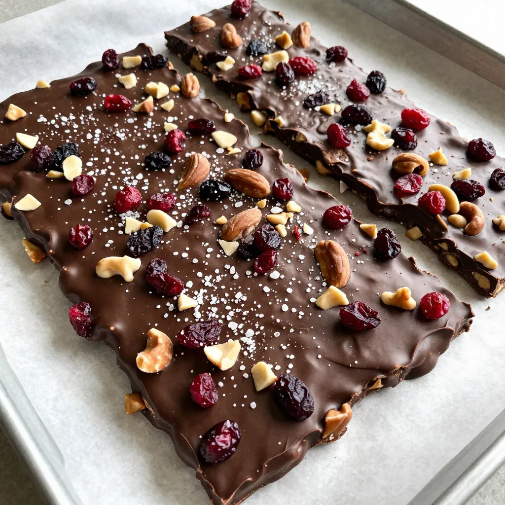 For this treat, you need just a few simple ingredients: - 12 oz dark chocolate (70% cocoa or higher), chopped into small pieces - 1 cup mixed nuts (almonds, walnuts, and pecans), roughly chopped - ½ cup dried cranberries or cherries, chopped if large - ¼ cup unsweetened coconut flakes - 1 teaspoon flaky sea salt (plus extra for an additional sprinkle) Each ingredient plays a vital role in the flavor and texture of the bark. The dark chocolate brings rich flavor and a hint of bitterness. The mixed nuts add crunch and healthy fats. Dried fruit gives a sweet contrast, while coconut offers a tropical twist. Finally, flaky sea salt enhances every bite with a savory touch. - Dark Chocolate: This ingredient is high in antioxidants. It may lower blood pressure and improve heart health. - Mixed Nuts: Nuts are a great source of protein and healthy fats. They provide energy and support brain health. - Dried Cranberries or Cherries: These fruits are packed with vitamins and fiber. They can help with digestion and may boost immunity. - Coconut Flakes: Coconut adds healthy fats and fiber. It can help keep you full and satisfied. - Flaky Sea Salt: While salt is often seen as bad, a little can enhance flavor and balance sweetness. For the best taste, I recommend using high-quality dark chocolate. Look for brands like Ghirardelli or Lindt. They offer great options with at least 70% cocoa. For sea salt, try Maldon or Fleur de Sel. These brands provide a flaky texture that melts into the chocolate and adds a lovely crunch. Quality ingredients make a big difference in your final treat! {{ingredient_image_2}} Start by grabbing a baking sheet. Use one that is about 8x10 inches. Line it with parchment paper. Make sure the paper covers the whole surface. This helps with easy removal later. It also makes cleanup quick and simple. Next, take 12 ounces of dark chocolate. Chop it into small pieces. Place the chocolate in a microwave-safe bowl. Heat it in the microwave for 30 seconds. After that, take it out and stir well. Repeat this every 30 seconds until the chocolate is smooth. It should have no lumps. Be careful not to overheat it. Once the chocolate is melted, it&rsquo;s time to mix. Add in 1 cup of mixed nuts. You can use almonds, walnuts, and pecans. Next, toss in ½ cup of dried cranberries or cherries. If the fruit is large, chop it first. Finally, add ¼ cup of unsweetened coconut flakes. Stir everything together until all ingredients are well coated in chocolate. Now, carefully pour the chocolate mixture onto the lined baking sheet. Use a spatula to spread it out evenly. Aim for a thickness of about ¼ inch. Make sure to reach the edges of the baking sheet. An even layer helps it set nicely. While the chocolate is still warm, grab your flaky sea salt. Sprinkle it evenly over the top. If you love a stronger salty taste, feel free to add more. This adds a great sweet and salty balance. Now, place the baking sheet in the refrigerator. Let it chill for 1 to 2 hours. This helps the chocolate set and become firm. Once it&rsquo;s hard, carefully peel it from the parchment paper. Use your hands or a knife to break it into pieces. You can make them any size you want. Store the bark in an airtight container. It keeps well at room temperature or in the fridge for about two weeks. To get smooth melted chocolate, I use a microwave-safe bowl. Start with 30 seconds on high power. Stir the chocolate well. Repeat this in 30-second bursts until it melts completely. This method helps avoid scorched chocolate. If you don't have a microwave, you can use a double boiler. Just simmer water in a pot and place a bowl on top. Make sure the bowl does not touch the water. Stir until melted. To keep your dark chocolate sea salt bark fresh, store it in an airtight container. You can keep it at room temperature or in the fridge. If stored correctly, it will last up to two weeks. If you live in a warm area, I suggest using the fridge to prevent melting. Always separate layers with parchment paper to prevent sticking. To make your bark even more special, try adding spices. A pinch of cinnamon or a dash of chili powder can add a kick. You can also swap out nuts for your favorites. Try cashews or pistachios for a new taste. Adding a sprinkle of flaky sea salt on top boosts flavor. If you like a bit of crunch, consider using toasted coconut flakes. Each adjustment can create a unique twist on this simple treat. Pro Tips Use Quality Chocolate: Choose high-quality dark chocolate with at least 70% cocoa for the best flavor and texture. The better the chocolate, the more decadent your bark will be. Customize Your Toppings: Feel free to experiment with different nuts, dried fruits, or even spices. This bark can be tailored to your taste preferences or seasonal ingredients. Chill Before Cutting: Allow the chocolate to set completely in the refrigerator. This makes it easier to break into clean pieces without crumbling. Presentation Matters: For a stunning presentation, arrange the bark on a decorative platter and sprinkle a few extra flakes of sea salt on top right before serving. {{image_4}} You can switch up the nuts and dried fruits in your bark. Try using cashews, macadamia nuts, or hazelnuts for a new flavor. For dried fruits, consider raisins, apricots, or even figs. Each choice adds its unique taste and texture. This makes your dark chocolate sea salt bark even more fun and exciting. Adding spices can change the whole vibe of your bark. A sprinkle of cinnamon or a dash of cayenne pepper gives it a warm kick. You can also try adding a few drops of vanilla extract or orange zest for a fresh twist. These added flavors enhance the chocolate and make it truly special. Making this bark fit your diet is easy. For a vegan version, just use dairy-free dark chocolate. If you need a nut-free bark, replace the nuts with seeds like pumpkin or sunflower seeds. You can keep the other ingredients the same. This way, everyone can enjoy this tasty treat without worry. To keep your dark chocolate sea salt bark fresh, store it in an airtight container. You can keep it at room temperature or in the fridge. If you choose room temperature, make sure it's in a cool, dry place away from sunlight. If you prefer to chill it, the fridge will help it stay firm. Both methods work well, but I find the fridge best for longer storage. When stored properly, your bark can last up to two weeks. If you store it at room temperature, it may soften slightly but still tastes great. In the fridge, it holds its shape better. Just remember to check for any signs of melting or moisture, which can affect its quality. If your bark breaks or melts, don&rsquo;t worry. You can remelt it gently in the microwave. Place the pieces in a microwave-safe bowl and heat in short bursts, stirring often. This will help you avoid burning the chocolate. Once it's smooth again, you can mix in any new toppings and let it set again on parchment paper. This way, you can enjoy your treat fresh, even if it needs a second chance! The best cocoa percentage for dark chocolate is 70% or higher. This gives you a rich flavor. Higher cocoa content means less sugar, making it less sweet. It also enhances the health benefits. Look for brands that specify their cocoa content. You can use milk chocolate, but it changes the taste. Milk chocolate is sweeter and creamier. This might not give you the same rich flavor. If you like sweeter treats, milk chocolate could work. Mix in some sea salt for balance. The bark takes about 1 to 2 hours to set in the fridge. It should be firm to the touch when ready. Don't rush this step. If you don't chill it long enough, the bark may not break well. Patience is key for the best results. Dark chocolate sea salt bark can be a healthy treat. Dark chocolate has antioxidants and can boost heart health. Mixed nuts offer healthy fats and protein. Dried fruits add vitamins and fiber. Just watch the portion size since it can be calorie-dense. You can find ready-made dark chocolate sea salt bark at gourmet shops. Many online stores also offer it. Check the ingredients to ensure quality. Some local bakeries may carry it too. Always look for brands that use high-quality chocolate. Dark chocolate sea salt bark is a fun and tasty treat. Using quality ingredients makes it both satisfying and nutritious. With simple steps, you can create this bark at home. Experiment with different nuts or spices to make it your own. Remember to store it well for maximum freshness. Make this treat for yourself or share it with friends. It's sure to be a hit! Enjoy making something delicious and healthy.