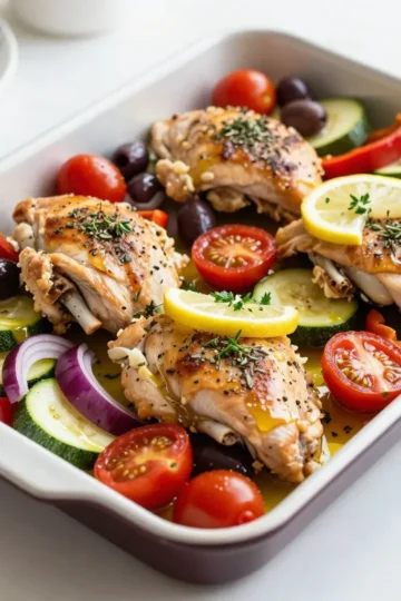 - 4 boneless, skinless chicken thighs - 2 cups cherry tomatoes, halved - 1 zucchini, sliced into half-moons - 1 red bell pepper, sliced into strips - 1 red onion, cut into thick wedges - 1 cup Kalamata olives, pitted and roughly chopped - 3 cloves garlic, minced In this dish, the chicken thighs are juicy and full of flavor. The cherry tomatoes burst with sweetness, while zucchini adds a nice crunch. The red bell pepper brings a touch of sweetness, and the red onion gives a rich taste. Kalamata olives add a briny punch, and garlic fills the dish with warmth. - 2 tablespoons extra virgin olive oil - 2 teaspoons dried oregano - 1 teaspoon dried thyme - Salt and freshly ground black pepper to taste Extra virgin olive oil is key for moisture and depth. Dried oregano and thyme give that classic Greek flavor. Salt and pepper bring everything together and enhance the taste of each ingredient. - 1 lemon, thinly sliced - Fresh parsley, finely chopped (for garnish) Lemon slices add a bright zing. Fresh parsley gives a pop of color and freshness. To serve, place the dish on a large platter or keep it on the baking sheet for a rustic look. Pair it with warm pita bread and tzatziki for a full Mediterranean feast. {{ingredient_image_2}} - Preheat your oven to 425&deg;F (220&deg;C). - Get your chicken thighs and veggies ready. Slice the zucchini, bell pepper, and onion. Halve the cherry tomatoes and chop the olives. - In a large bowl, mix the chicken and veggies. - Add minced garlic, olive oil, oregano, thyme, salt, and pepper. Use your hands to toss everything well. Make sure each piece is coated nicely. - Line a large baking sheet with parchment paper. - Spread the chicken and veggies evenly on the sheet. Make sure they are not crowded. This helps them cook well. - Place thin lemon slices over the chicken and around the veggies. This adds a fresh taste as they cook. - Slide the baking sheet into the oven. Bake for 25 to 30 minutes. - Check that the chicken reaches 165&deg;F (75&deg;C). The veggies should be tender and a bit caramelized. - Once done, take the sheet pan out and let it rest for 5 minutes. This helps the juices settle in the chicken. - Just before serving, sprinkle fresh parsley on top for color. To get juicy chicken, start with bone-in thighs. The bones help keep the meat moist. If you use skinless thighs, marinate them well in olive oil and herbs. This adds flavor and keeps them tender. Cook the chicken at 425&deg;F for 25-30 minutes. For gas ovens, check the chicken a bit early. They can cook faster than electric ones. For great caramelization, cut your veggies into even pieces. This helps them cook at the same rate. Use a mix of cherry tomatoes, zucchini, and bell peppers. They roast well together. You can also try carrots or asparagus if you want a change. Just keep them similar in size for even cooking. Serve the chicken and veggies right from the pan. It looks rustic and inviting. You can also transfer it to a platter for a fancier look. Pair it with warm pita bread and tzatziki sauce. This adds a nice touch and rounds out the meal. Garnish with fresh parsley for color. Pro Tips Marinate for More Flavor: If time allows, marinate the chicken in the seasoning for at least 30 minutes or overnight in the refrigerator. This will enhance the flavor and tenderness of the chicken. Use Fresh Herbs: For a fresher taste, substitute dried oregano and thyme with fresh herbs. Use three times the amount of fresh herbs for a vibrant flavor boost. Don&rsquo;t Crowd the Pan: Ensure there is enough space between the chicken and vegetables on the baking sheet to promote even cooking and caramelization. If necessary, use two pans. Serve with Sides: Enhance the meal by serving with warm pita bread and tzatziki sauce. A simple side salad with feta cheese and olives works wonderfully too! {{image_4}} You can easily swap chicken thighs for chicken breasts. Breasts cook faster, so check them sooner. If you prefer a vegetarian dish, try chickpeas or tofu. These options still soak up all the tasty flavors. Adding herbs can change the dish's taste. Try fresh basil or dill for a different twist. You can also add feta cheese. It gives a creamy texture and salty flavor. Different olives, like green olives, can also add a new layer of taste. Using what's in season makes this meal even better. In summer, use fresh zucchini and ripe tomatoes. In winter, consider root vegetables like carrots or sweet potatoes. These choices ensure you enjoy fresh flavors year-round. To keep your Greek chicken sheet pan dinner fresh, follow these steps: - Let the dish cool down before storing. - Place leftovers in an airtight container. - Store in the fridge for up to four days. This helps maintain flavor and texture. Use glass containers for better storage. They are safe and durable. When you&rsquo;re ready to enjoy leftovers, consider these methods: - Use the oven at 350&deg;F (175&deg;C) for about 15 minutes. - You can also use a microwave on medium power for 2-3 minutes. To add flavor, drizzle a little olive oil or squeeze fresh lemon juice before reheating. This keeps the meal moist and tasty. If you want to save some for later, here&rsquo;s how to freeze: - Place portions in freezer-safe bags. - Remove as much air as possible before sealing. This way, your meal stays fresh for up to three months. To thaw, move it to the fridge overnight. You can also use the microwave on defrost mode. This method is quick and safe. You can serve this dish with many tasty sides. Here are a few ideas: - Warm pita bread - Tzatziki sauce - Greek salad with feta and olives - Rice or quinoa with herbs - Roasted potatoes seasoned with lemon These sides add flavor and balance to your meal. Check the chicken's internal temperature with a meat thermometer. It should reach 165&deg;F (75&deg;C). If you don&rsquo;t have a thermometer, cut into the chicken. The juices should run clear, not pink. Yes! You can prep the chicken and veggies a day before. Just store them in the fridge. When ready to cook, simply follow the baking steps. This saves time on busy nights. Absolutely! This recipe is naturally gluten-free. Just avoid adding any gluten-containing sides. Pita bread can be swapped for a gluten-free option to keep the meal safe. To add heat, try these options: - Add red pepper flakes to the seasoning mix - Use spicy olives, like those with chili - Mix in a dash of hot sauce before serving These tweaks will give your dish a nice kick! This blog post covered a delicious Greek Chicken Sheet Pan Dinner. You learned about the key ingredients like chicken, veggies, and seasoning. I shared easy steps for prepping, baking, and serving. You also discovered tips for perfecting your dish and creative variations. In the end, this meal is simple, tasty, and great for any occasion. Enjoy making this dish your own!