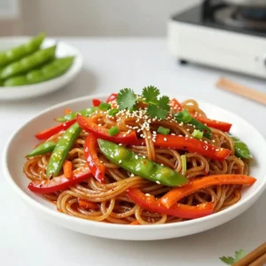 - 200g rice noodles - 2 tablespoons vegetable oil - 4 cloves garlic, finely minced - 1 tablespoon fresh ginger, finely minced - 1 red bell pepper, sliced into thin strips - 1 carrot, peeled and julienned - 1 cup snap peas, trimmed - 3 green onions, sliced diagonally - 3 tablespoons soy sauce - 1 tablespoon chili paste (adjust to desired spice level) - 1 tablespoon sesame oil - 1 tablespoon honey or maple syrup - Fresh cilantro leaves for garnish (optional) - Sesame seeds for garnish (optional) Rice noodles form the base of this dish. They soak up flavors well and cook fast. Vegetable oil helps the noodles and veggies fry easily. Garlic and ginger add a warm, fragrant touch. Fresh vegetables like bell pepper, carrot, and snap peas bring color and crunch. You can adjust the spice level with chili paste. Soy sauce gives a salty depth, while sesame oil adds a nutty flavor. Honey or maple syrup sweetens the dish perfectly. For a nice finish, sprinkle fresh cilantro and sesame seeds on top. These garnishes add a pop of flavor and texture. Using these ingredients, you can make a quick, tasty meal. {{ingredient_image_2}} To cook the rice noodles, start by boiling water in a medium pot. Bring it to a rolling boil. Add the rice noodles and cook them for 4-5 minutes, as the package says. When the noodles are ready, drain them in a colander. Rinse them under cold water. This stops the cooking and helps prevent sticking. Set the noodles aside. Next, heat the vegetable oil in a large skillet or wok over medium-high heat. Once the oil is hot, add the minced garlic and ginger. Stir them for about 30 seconds. You want them to smell great and turn golden. Be careful not to burn them, or the dish will taste bitter. Now, it&rsquo;s time to add the veggies. Toss in the sliced red bell pepper, julienned carrot, and snap peas. Stir-fry for about 3-4 minutes. The vegetables should be bright in color and tender but still crisp. This gives the dish a nice texture and look. After the veggies are ready, add the drained noodles to the skillet. In a small bowl, mix together the soy sauce, chili paste, sesame oil, and honey or maple syrup. Pour this sauce over the noodles and vegetables. Toss everything gently so it gets well coated. Heat it through for a minute so the flavors blend. Finally, stir in the sliced green onions. Keep stir-frying for another 1-2 minutes. This lets the flavors mix well. Now, remove the skillet from the heat. Serve the stir-fry on plates. You can garnish with fresh cilantro leaves and a sprinkle of sesame seeds for extra flavor and crunch. Enjoy your meal! To avoid overcooking the noodles, watch the time closely. Rice noodles cook fast, usually in just 4 to 5 minutes. Once they are tender, drain them quickly. Rinse them with cold water to stop cooking. This helps keep the noodles from sticking together. You can change the heat of your dish easily. If you want less spice, use less chili paste. For more heat, add a bit more. You can also try using sriracha or red pepper flakes to adjust the spice. These options let you find your perfect heat level. For stir-frying, I suggest using a wide skillet or a wok. A large surface helps cook everything evenly and quickly. Use a wooden spatula or a silicone spatula for stirring. These utensils prevent scratching your pan and help you toss the noodles well. Pro Tips Cook Noodles Al Dente: To prevent the noodles from becoming mushy, cook them just until they're al dente. They will continue to cook slightly when tossed with the hot vegetables and sauce. Customize Your Vegetables: Feel free to swap in your favorite vegetables or whatever you have on hand. Broccoli, bok choy, or zucchini can add great flavor and texture. Adjust Spice Level: The chili paste can be adjusted based on your spice preference. Start with less and add more if you like it spicier! Garnish for Flavor: Fresh cilantro and sesame seeds not only enhance the presentation but also add fresh flavor and a delightful crunch to your dish. {{image_4}} You can add protein to your stir-fry for more flavor and nutrition. Here are some great options: - Chicken: Use thinly sliced chicken breast. Cook for about 5-7 minutes until done. - Shrimp: Add peeled shrimp. They cook fast, about 3-4 minutes is enough. - Tofu: Use firm tofu, diced. Cook for about 5-6 minutes until golden. These proteins mix well with the noodles and add a satisfying bite. Feel free to swap in other veggies to keep your stir-fry fresh. Here are some tasty choices: - Broccoli: Adds a nice crunch and pairs well with garlic. - Zucchini: Slice thinly; it cooks quickly and adds a fun texture. - Bell peppers: Any color works, so mix them for more color. Consider seasonal veggies too. Asparagus in spring or squash in fall can make your dish shine. Changing the sauce can create a new dish each time. Try these options: - Peanut sauce: Adds creaminess and nutty flavor. Mix with the soy sauce for a twist. - Lime juice: Squeeze a fresh lime over your dish for a zesty kick. - Teriyaki sauce: Swap the soy sauce for teriyaki for a sweet and savory taste. These changes can take your stir-fry to another level. Experiment and find your favorite flavor! To store leftovers, place the stir-fry in an airtight container. Make sure it cools down first. This helps keep the flavors fresh. You can store it in the fridge for up to three days. If you want to enjoy it later, be sure to check for any signs of spoilage before eating. If you want to freeze the stir-fry, let it cool completely. Then, transfer it into a freezer-safe bag or container. Remove as much air as possible to prevent freezer burn. You can freeze it for up to three months. When you&rsquo;re ready to eat, take it out and let it defrost in the fridge overnight. To reheat, use a skillet over medium heat. Add a splash of water or oil to the pan. This helps keep the noodles moist. Stir frequently for about 5-7 minutes. You can also microwave it for a quick option. Just make sure to stir halfway to heat evenly. This way, you'll keep the noodles from turning mushy. Yes, you can prepare this dish ahead of time. Cook the noodles and store them in the fridge. Keep the sauce and vegetables separate. This helps keep the noodles from getting soggy. When you&rsquo;re ready to eat, stir-fry the veggies and add the noodles with sauce. This dish pairs well with many sides. You can serve it with: - Steamed broccoli - Asian-style cucumber salad - Crispy spring rolls - A bowl of miso soup These sides add balance and charm to your meal. Yes, Chili Garlic Noodle Stir-Fry is vegan-friendly! The main ingredients are plant-based. Use maple syrup instead of honey to keep it vegan. You can also add tofu or tempeh for extra protein. Enjoy the flavors while staying true to your diet! You&rsquo;ve learned how to create a tasty Chili Garlic Noodle Stir-Fry. We covered all the important ingredients, from rice noodles to fresh veggies. You now know how to cook the noodles and saut&eacute; aromatics for flavor. Plus, you can mix in proteins and adjust spice levels to fit your taste. Remember to store leftovers properly and consider meal prep for busy days. Enjoy customizing this dish to make it your own! Happy cooking!
