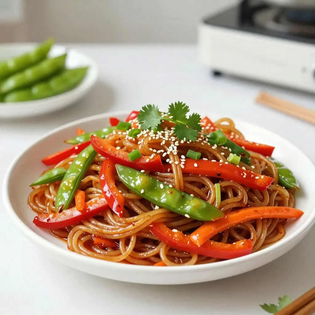 - 200g rice noodles - 2 tablespoons vegetable oil - 4 cloves garlic, finely minced - 1 tablespoon fresh ginger, finely minced - 1 red bell pepper, sliced into thin strips - 1 carrot, peeled and julienned - 1 cup snap peas, trimmed - 3 green onions, sliced diagonally - 3 tablespoons soy sauce - 1 tablespoon chili paste (adjust to desired spice level) - 1 tablespoon sesame oil - 1 tablespoon honey or maple syrup - Fresh cilantro leaves for garnish (optional) - Sesame seeds for garnish (optional) Rice noodles form the base of this dish. They soak up flavors well and cook fast. Vegetable oil helps the noodles and veggies fry easily. Garlic and ginger add a warm, fragrant touch. Fresh vegetables like bell pepper, carrot, and snap peas bring color and crunch. You can adjust the spice level with chili paste. Soy sauce gives a salty depth, while sesame oil adds a nutty flavor. Honey or maple syrup sweetens the dish perfectly. For a nice finish, sprinkle fresh cilantro and sesame seeds on top. These garnishes add a pop of flavor and texture. Using these ingredients, you can make a quick, tasty meal. {{ingredient_image_2}} To cook the rice noodles, start by boiling water in a medium pot. Bring it to a rolling boil. Add the rice noodles and cook them for 4-5 minutes, as the package says. When the noodles are ready, drain them in a colander. Rinse them under cold water. This stops the cooking and helps prevent sticking. Set the noodles aside. Next, heat the vegetable oil in a large skillet or wok over medium-high heat. Once the oil is hot, add the minced garlic and ginger. Stir them for about 30 seconds. You want them to smell great and turn golden. Be careful not to burn them, or the dish will taste bitter. Now, it’s time to add the veggies. Toss in the sliced red bell pepper, julienned carrot, and snap peas. Stir-fry for about 3-4 minutes. The vegetables should be bright in color and tender but still crisp. This gives the dish a nice texture and look. After the veggies are ready, add the drained noodles to the skillet. In a small bowl, mix together the soy sauce, chili paste, sesame oil, and honey or maple syrup. Pour this sauce over the noodles and vegetables. Toss everything gently so it gets well coated. Heat it through for a minute so the flavors blend. Finally, stir in the sliced green onions. Keep stir-frying for another 1-2 minutes. This lets the flavors mix well. Now, remove the skillet from the heat. Serve the stir-fry on plates. You can garnish with fresh cilantro leaves and a sprinkle of sesame seeds for extra flavor and crunch. Enjoy your meal! To avoid overcooking the noodles, watch the time closely. Rice noodles cook fast, usually in just 4 to 5 minutes. Once they are tender, drain them quickly. Rinse them with cold water to stop cooking. This helps keep the noodles from sticking together. You can change the heat of your dish easily. If you want less spice, use less chili paste. For more heat, add a bit more. You can also try using sriracha or red pepper flakes to adjust the spice. These options let you find your perfect heat level. For stir-frying, I suggest using a wide skillet or a wok. A large surface helps cook everything evenly and quickly. Use a wooden spatula or a silicone spatula for stirring. These utensils prevent scratching your pan and help you toss the noodles well. Pro Tips Cook Noodles Al Dente: To prevent the noodles from becoming mushy, cook them just until they're al dente. They will continue to cook slightly when tossed with the hot vegetables and sauce. Customize Your Vegetables: Feel free to swap in your favorite vegetables or whatever you have on hand. Broccoli, bok choy, or zucchini can add great flavor and texture. Adjust Spice Level: The chili paste can be adjusted based on your spice preference. Start with less and add more if you like it spicier! Garnish for Flavor: Fresh cilantro and sesame seeds not only enhance the presentation but also add fresh flavor and a delightful crunch to your dish. {{image_4}} You can add protein to your stir-fry for more flavor and nutrition. Here are some great options: - Chicken: Use thinly sliced chicken breast. Cook for about 5-7 minutes until done. - Shrimp: Add peeled shrimp. They cook fast, about 3-4 minutes is enough. - Tofu: Use firm tofu, diced. Cook for about 5-6 minutes until golden. These proteins mix well with the noodles and add a satisfying bite. Feel free to swap in other veggies to keep your stir-fry fresh. Here are some tasty choices: - Broccoli: Adds a nice crunch and pairs well with garlic. - Zucchini: Slice thinly; it cooks quickly and adds a fun texture. - Bell peppers: Any color works, so mix them for more color. Consider seasonal veggies too. Asparagus in spring or squash in fall can make your dish shine. Changing the sauce can create a new dish each time. Try these options: - Peanut sauce: Adds creaminess and nutty flavor. Mix with the soy sauce for a twist. - Lime juice: Squeeze a fresh lime over your dish for a zesty kick. - Teriyaki sauce: Swap the soy sauce for teriyaki for a sweet and savory taste. These changes can take your stir-fry to another level. Experiment and find your favorite flavor! To store leftovers, place the stir-fry in an airtight container. Make sure it cools down first. This helps keep the flavors fresh. You can store it in the fridge for up to three days. If you want to enjoy it later, be sure to check for any signs of spoilage before eating. If you want to freeze the stir-fry, let it cool completely. Then, transfer it into a freezer-safe bag or container. Remove as much air as possible to prevent freezer burn. You can freeze it for up to three months. When you’re ready to eat, take it out and let it defrost in the fridge overnight. To reheat, use a skillet over medium heat. Add a splash of water or oil to the pan. This helps keep the noodles moist. Stir frequently for about 5-7 minutes. You can also microwave it for a quick option. Just make sure to stir halfway to heat evenly. This way, you'll keep the noodles from turning mushy. Yes, you can prepare this dish ahead of time. Cook the noodles and store them in the fridge. Keep the sauce and vegetables separate. This helps keep the noodles from getting soggy. When you’re ready to eat, stir-fry the veggies and add the noodles with sauce. This dish pairs well with many sides. You can serve it with: - Steamed broccoli - Asian-style cucumber salad - Crispy spring rolls - A bowl of miso soup These sides add balance and charm to your meal. Yes, Chili Garlic Noodle Stir-Fry is vegan-friendly! The main ingredients are plant-based. Use maple syrup instead of honey to keep it vegan. You can also add tofu or tempeh for extra protein. Enjoy the flavors while staying true to your diet! You’ve learned how to create a tasty Chili Garlic Noodle Stir-Fry. We covered all the important ingredients, from rice noodles to fresh veggies. You now know how to cook the noodles and sauté aromatics for flavor. Plus, you can mix in proteins and adjust spice levels to fit your taste. Remember to store leftovers properly and consider meal prep for busy days. Enjoy customizing this dish to make it your own! Happy cooking!