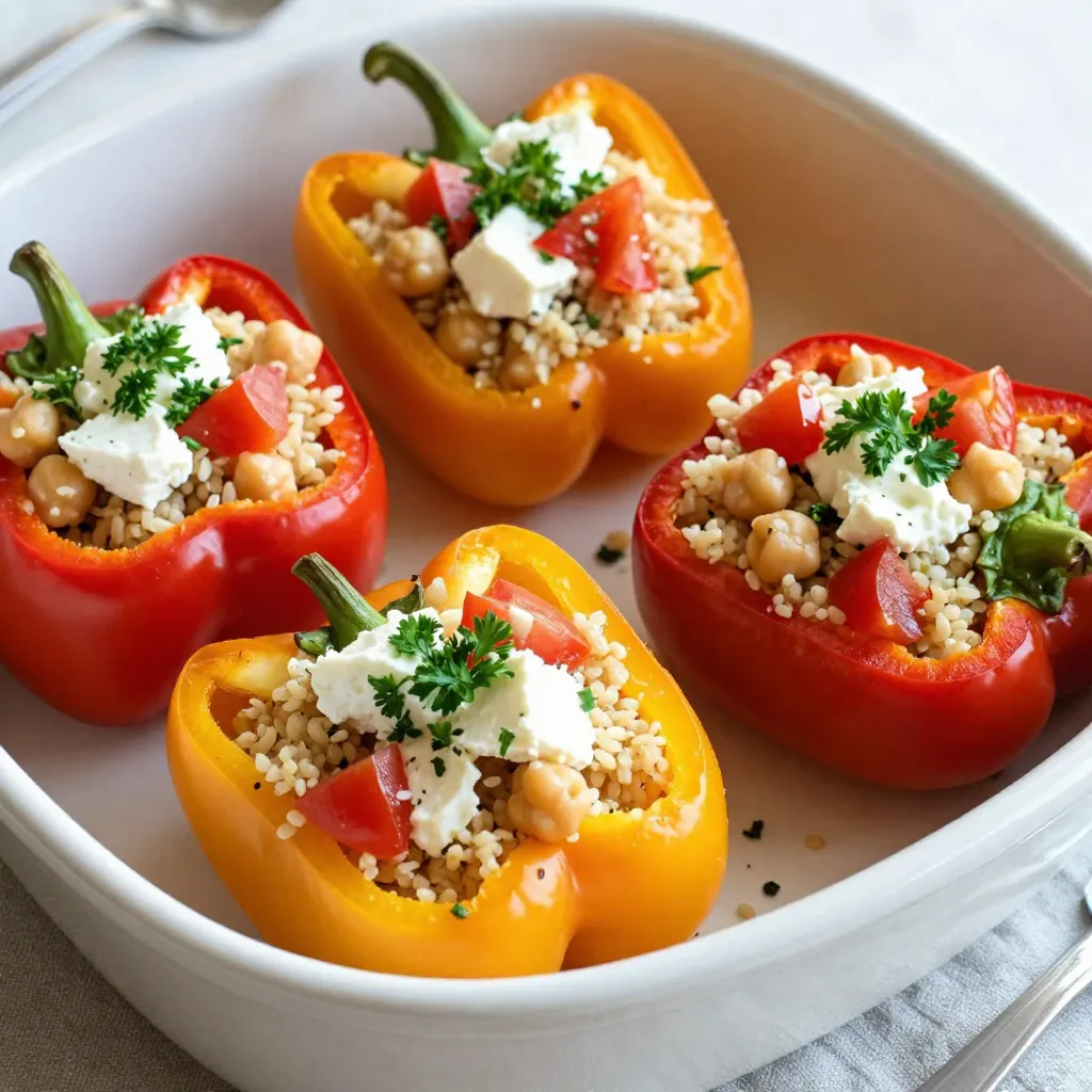 To make Greek stuffed bell peppers, you need fresh and tasty ingredients. Here’s what you'll need: - Bell Peppers: 4 large, any color you like - Quinoa and Chickpeas: 1 cup cooked quinoa, 1 cup canned chickpeas, rinsed well - Vegetables and Spices: - 1 cup diced tomatoes (fresh or canned) - ½ cup finely chopped red onion - 1 cup crumbled feta cheese - 2 tablespoons extra virgin olive oil - 2 teaspoons dried oregano - 1 teaspoon garlic powder - ½ teaspoon smoked paprika - Salt and pepper, to taste - Fresh parsley or basil, chopped for garnish These ingredients blend well together, giving your stuffed peppers a rich taste. The bell peppers are colorful and add crunch. Quinoa and chickpeas provide a good source of protein and fiber. The feta cheese adds creaminess and tang. The spices bring warmth and depth, perfect for a delightful meal. {{ingredient_image_2}} 1. Preheating the Oven Start by preheating your oven to 375°F (190°C). This step is key for cooking the peppers evenly. 2. Prepping the Peppers Next, take four large bell peppers. Cut off the tops and remove the seeds and white membranes. If they wobble, trim a bit from the bottom to help them stand upright. 1. Combining Ingredients In a large bowl, mix 1 cup of cooked quinoa with 1 cup of rinsed chickpeas, 1 cup of diced tomatoes, and ½ cup of chopped red onion. Then, add 1 cup of crumbled feta cheese. Stir gently to blend. 2. Seasoning the Mixture Drizzle the mixture with 2 tablespoons of extra virgin olive oil. Add 2 teaspoons of dried oregano, 1 teaspoon of garlic powder, and ½ teaspoon of smoked paprika. Season with salt and pepper to taste. Mix well to combine all flavors. 1. Filling the Peppers Use a spoon to fill each bell pepper with the quinoa mixture. Pack it lightly but firmly to prevent overflow. If you have extra filling, sprinkle it around the peppers in the dish. 2. Baking Process Place the stuffed peppers upright in a baking dish. Cover it with foil and bake for 30 minutes. This helps blend the flavors and softens the peppers. After 30 minutes, remove the foil. Bake for another 15-20 minutes until the peppers are tender and golden on top. Enjoy the beautiful blend of flavors and colors as you serve these delightful Greek stuffed bell peppers! Ensuring Even Cooking To cook your stuffed peppers evenly, try to select peppers that are all similar in size. This way, they will bake at the same rate. Also, remember to space them out in the baking dish. This allows the heat to circulate around each pepper. If you want a more tender pepper, bake them a bit longer. Just keep an eye on them to avoid overcooking. Avoiding Overflow When filling the peppers, pack the mixture lightly. If you press too hard, the filling may spill out during baking. Leave a little space at the top of each pepper. This gives room for the filling to expand as it cooks. If you have extra filling, sprinkle it around the peppers in the dish. It will absorb the flavors while baking. Garnishing Ideas For a bright finish, sprinkle chopped parsley or basil on top of your peppers before serving. This not only adds color but also fresh flavor. You can also drizzle a bit of olive oil on top for an extra touch. Serving Suggestions Serve the stuffed peppers on a rustic wooden board. This adds to the Mediterranean theme and makes for a lovely display. Pair them with a light salad or crusty bread to complete the meal. Enjoying these flavors together will elevate your dining experience! Pro Tips Choose Colorful Peppers: Selecting a variety of vibrant bell pepper colors not only enhances the visual appeal of your dish but also provides different flavors and nutrients. Serve with a Drizzle: A light drizzle of balsamic glaze or additional olive oil just before serving can elevate the flavors and add a gourmet touch to your stuffed peppers. Make Ahead: Prepare the stuffing mixture a day in advance and store it in the refrigerator. This saves time and allows the flavors to meld beautifully. Experiment with Fillings: Feel free to customize the stuffing by adding ingredients like olives, spinach, or even different cheeses to create your unique flavor profile. {{image_4}} If you want to switch up the quinoa, you can use rice. Brown rice or white rice works well. You could also try using farro or couscous for different textures. Each option brings its own flavor, making your stuffed peppers unique. Feta cheese is tasty, but you can swap it for goat cheese. This gives a creamier taste. If you want a milder cheese, use mozzarella. You can also try vegan cheese if you prefer a dairy-free option. To make your stuffed peppers spicier, add chopped jalapeños or red pepper flakes. If you like it mild, skip the smoked paprika. You can always taste the filling first and adjust before stuffing the peppers. Feel free to add proteins to your filling. Ground turkey or chicken works great. If you want a vegetarian option, try adding more chickpeas or black beans. This makes your meal heartier and more filling. - Refrigeration Tips After enjoying your Greek stuffed bell peppers, let them cool. Place them in an airtight container. Store in the fridge for up to 3 days. This keeps them fresh and tasty. - Freezing Instructions You can also freeze the stuffed peppers. Wrap each one in plastic wrap, then place them in a freezer bag. They can last up to 3 months in the freezer. When you’re ready to eat, just thaw them overnight in the fridge. - Best Practices for Reheating To reheat, preheat your oven to 350°F (175°C). Place the peppers in an oven-safe dish, cover with foil, and heat for about 20 minutes. This ensures they warm evenly. You can also use a microwave for quick reheating. Just microwave on medium heat for 3 to 5 minutes. Enjoy them warm! Yes, you can use various vegetables in stuffed peppers. Feel free to swap bell peppers for zucchini, eggplant, or tomatoes. You can also add spinach, mushrooms, or corn to the filling. Just make sure to adjust the cooking time based on the vegetable you choose. Leftovers can last in the fridge for up to three days. Store them in an airtight container. If you need them to last longer, consider freezing them. They can stay in the freezer for about three months without losing flavor. Absolutely! You can prepare the stuffed peppers a day ahead. Just fill the peppers, then cover them in the fridge. Bake them when you're ready to eat. This saves time and still delivers great flavor. You learned how to make tasty stuffed peppers. We discussed key ingredients like quinoa and chickpeas. I shared steps for preparing, stuffing, and baking them. You also got tips for perfecting your dish and some fun variations. Finally, I covered how to store and reheat leftovers. Cooking can be fun and simple. Enjoy experimenting with your own flavors in this recipe!