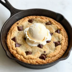 To make a Chocolate Chip Cookie Skillet, you need fresh and simple ingredients. Here&rsquo;s what you&rsquo;ll need: - 1 cup (2 sticks) unsalted butter, softened to room temperature - ¾ cup packed brown sugar - ½ cup granulated sugar - 2 large eggs, at room temperature - 1 teaspoon pure vanilla extract - 2 ¼ cups all-purpose flour - 1 teaspoon baking soda - ½ teaspoon fine sea salt - 1 cup semi-sweet chocolate chips - ½ cup chopped nuts (such as walnuts or pecans, optional) - Vanilla ice cream, for serving (optional) Each ingredient plays a key role in the taste and texture. Unsalted butter gives rich flavor. Brown sugar adds moisture and chewiness. Granulated sugar adds sweetness and helps with browning. Eggs bind everything together and create a soft cookie. Vanilla adds warmth and depth. When you mix the flour, baking soda, and salt, you create the structure. The baking soda helps the cookie rise a bit while baking. Chocolate chips are the star here, adding bursts of sweetness. If you like a crunch, add nuts. They balance the soft cookie. Lastly, serving with vanilla ice cream makes this treat even better. The warm cookie and cold ice cream create a delightful contrast. Enjoy this simple yet tasty treat! {{ingredient_image_2}} First, preheat your oven to 350&deg;F (175&deg;C). This step is key for even baking. Next, grab a 10-inch cast iron skillet. Lightly grease it with softened butter or non-stick spray. This helps the cookie release easily later. In a large bowl, combine 1 cup of softened unsalted butter, ¾ cup of packed brown sugar, and ½ cup of granulated sugar. Use a hand mixer or stand mixer. Mix on medium speed until the blend becomes light and fluffy. This should take about 2 to 3 minutes. Add 2 large eggs, one at a time. Mix well after each addition. This ensures a smooth batter. Then, add 1 teaspoon of pure vanilla extract. Blend until fully combined. The dough should smell sweet and inviting. In another bowl, whisk together 2 ¼ cups of all-purpose flour, 1 teaspoon of baking soda, and ½ teaspoon of fine sea salt. This blend adds structure to your cookie. Gradually add the dry mix to the wet ingredients. Mix on low speed until just combined. Avoid overmixing to keep the texture soft. Gently fold in 1 cup of semi-sweet chocolate chips and, if you want, ½ cup of chopped nuts. Use a spatula to evenly distribute them throughout the dough. This step adds extra flavor and crunch. Transfer the cookie dough into the prepared skillet. Use a spatula to spread the dough evenly across the pan. Bake in your preheated oven for 20 to 25 minutes. Keep an eye on it. The edges should be golden, while the center remains soft. Once baked, remove the skillet from the oven. Let it cool for about 10 minutes. This cooling time helps with slicing. Serve the warm cookie skillet straight from the pan, topped with vanilla ice cream and a drizzle of chocolate syrup. For a fun twist, sprinkle some sea salt on top to enhance the flavors! To get a great cookie texture, you want it soft and chewy. Start with softened butter. This helps your dough mix well. Cream the butter and sugars until light and fluffy. This takes about two to three minutes. Do not overmix the dough once you add the flour. Stop mixing when you still see a little flour. This keeps the cookie tender. If you do not have a cast iron skillet, use a baking dish. A 9x9-inch pan works well too. Just keep an eye on the baking time. It may need a few extra minutes. For a fun twist, you can try baking in muffin tins. This gives you cookie cups that are great for sharing. One common mistake is using cold butter. This makes it hard to cream properly. Remember to measure your flour carefully. Too much flour can lead to dry cookies. Also, avoid opening the oven door too soon. This lets out heat and can affect the bake. Lastly, do not skip the cooling time. It helps the cookie set up perfectly before slicing. Pro Tips Use Room Temperature Ingredients: Make sure your butter and eggs are at room temperature before starting. This helps to create a smoother batter and better incorporation of ingredients. Don&rsquo;t Overmix the Dough: After adding the flour, mix just until combined. Overmixing can lead to tough cookies instead of the desired soft and chewy texture. Check for Doneness: The cookie skillet should be golden around the edges but slightly underbaked in the center. It will continue to cook as it cools, ensuring a gooey texture. Customize Your Mix-ins: Feel free to swap out the chocolate chips and nuts for your favorite additions, such as white chocolate chips, dried fruits, or even peanut butter chips for a unique twist! {{image_4}} If you want a nut-free version of this cookie, simply leave out the chopped nuts. The cookie will still be soft and chewy, thanks to the butter and sugars. You won't miss the nuts at all. Everyone will love the rich chocolate flavor! For a gluten-free option, swap the all-purpose flour for a gluten-free blend. Make sure the blend contains xanthan gum for the best texture. This small change keeps the cookie tasty and enjoyable for those avoiding gluten. To add more flavor, try mixing in a tablespoon of instant espresso powder. This will enhance the chocolate taste. You can also add spices like cinnamon or nutmeg for a warm twist. Just a pinch can elevate your cookie to a new level! To store leftover cookie, first let it cool. Then, cover the skillet with plastic wrap. You can also transfer slices to an airtight container. This keeps the cookie soft. It stays fresh for up to three days at room temperature. To reheat, slice the cookie into wedges. Place the slices in a skillet over low heat. Cover with a lid to warm evenly. You can also use a microwave for about 15-20 seconds. Add a scoop of ice cream for a warm treat! For freezing, cut the cookie into pieces. Wrap each piece in plastic wrap and foil. Place them in a freezer-safe bag. This way, you can enjoy cookie bites for up to three months. When you&rsquo;re ready, thaw them in the fridge overnight before reheating. You can tell your skillet cookie is done when the edges turn golden brown. The center should stay soft and a bit gooey. Insert a toothpick into the center. If it comes out with a few moist crumbs, it's ready. This usually takes around 20-25 minutes at 350&deg;F (175&deg;C). Keep an eye on it so it doesn&rsquo;t overbake. Yes, you can make this recipe in advance! Prepare the dough and store it in the fridge. You can keep it for up to 24 hours. When ready, spread it in the skillet and bake it right before serving. This way, you get that fresh-baked taste every time. I love serving the skillet cookie warm right out of the oven. Top it with a scoop of vanilla ice cream. You can also drizzle chocolate syrup or add fresh berries for a fruity twist. A sprinkle of sea salt enhances the flavor even more. Leftovers will last for about 3-4 days in an airtight container. Keep it in the fridge to stay fresh. Just warm it up in the oven or microwave when you want to enjoy it again. Absolutely! You can use milk chocolate, dark chocolate, or even white chocolate chips. Mixing different types of chocolate adds a fun twist. Try adding some peanut butter chips or butterscotch chips for extra flavor. This post covered how to make a delicious chocolate chip skillet cookie. We discussed essential ingredients, from butter to chocolate chips. You learned step-by-step instructions for mixing and baking. I shared tips for achieving the best texture and avoiding common mistakes. We also explored tasty variations and storage methods. Making this treat brings joy and warmth to any gathering. Enjoy your baking adventure and savor each bite.