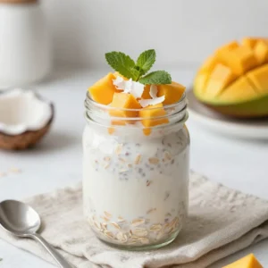 To make mango coconut overnight oats, you need a few key ingredients. These are: - 1 cup rolled oats - 1 cup coconut milk (canned or carton) - 1 ripe mango, diced - 1 tablespoon chia seeds - Pinch of salt These main ingredients work together to create a creamy, flavorful base. The oats soak up the coconut milk, making them soft and delicious. The mango adds a sweet and fruity touch. You can add a sweetener if you like your oats sweeter. Here are two options: - 1 tablespoon honey - 1 tablespoon maple syrup These sweeteners mix well with the coconut milk. Choose the one you prefer, or leave it out for a less sweet dish. Garnishes make your oats look pretty and add more flavor. Here are some great options: - Coconut flakes for topping - Extra diced mango for garnish - Fresh mint leaves These toppings add texture and brightness to your meal. The mint leaves give a fresh taste that pairs well with the mango and coconut. Enjoy your colorful and tasty breakfast! {{ingredient_image_2}} Start by taking a medium mixing bowl. Add 1 cup of rolled oats. Then, mix in 1 tablespoon of chia seeds and a pinch of salt. Stir well to combine everything. This step helps ensure an even texture in your oats. Now, grab a separate bowl or a measuring cup. Pour in 1 cup of coconut milk. If you like it sweeter, add 1 tablespoon of honey or maple syrup. Then, add &frac12; teaspoon of vanilla extract. Whisk these ingredients together until they blend well. This mixture gives your oats a rich and creamy flavor. Carefully pour the coconut milk mixture over the oats. Stir gently to coat all the oats. Next, fold in the diced mango, but save some for later. Divide the mixture into two mason jars or airtight containers. Seal them tightly and place them in the refrigerator. Let them chill overnight or for at least 4 to 6 hours. This allows the oats to soak up all that coconut milk goodness. When ready to eat, stir the oats well. If they're too thick, add a splash of coconut milk for creaminess. Finally, top with extra mango, coconut flakes, and fresh mint. Enjoy your tasty breakfast! To get the best texture, let the oats soak long enough. I find that 4 to 6 hours works well. If you want them creamier, add more coconut milk before serving. Stirring them helps mix the flavors too. You want them soft but not mushy. You can add more fruits for extra flavor. Try strawberries or bananas for a twist. Nuts or seeds also work great for crunch. If you like a sweeter taste, add more honey or maple syrup. A pinch of cinnamon can give a warm flavor that pairs nicely with mango. Serve the oats in clear jars to show off the layers. Top with extra mango and coconut flakes for a nice look. Fresh mint leaves not only add color but also a fresh taste. If you want a casual vibe, pour them into a bowl. Enjoying them chilled makes every bite refreshing. Pro Tips Use Ripe Mangoes: Ensure your mangoes are perfectly ripe for the best flavor and sweetness. Look for mangoes that yield slightly to pressure and have a fragrant aroma. Customize Your Sweetness: Adjust the amount of honey or maple syrup based on your taste preference. You can always add more after mixing if you like it sweeter. Experiment with Toppings: Feel free to add other toppings such as nuts, seeds, or different fruits like berries or bananas for variety and added nutrition. Prep in Bulk: Make a larger batch to enjoy throughout the week. Store them in individual jars and grab one for a quick breakfast or snack! {{image_4}} You can switch out the mango for other fruits. Try ripe bananas, berries, or peaches. Each fruit brings its own flavor and sweetness. Berries add a tart bite, while bananas offer creaminess. Experiment with whatever is in season or your favorites. To make this recipe vegan, use maple syrup instead of honey. Choose coconut milk from a carton for a lighter option. You can also try almond or oat milk. These options keep the dish creamy and delicious without dairy. Want to boost the nutrition? Add a scoop of protein powder to the oats. You can also mix in nut butter for healthy fats. Try adding ground flaxseeds or hemp seeds for extra fiber. These superfoods make your breakfast more filling and nutritious. Store your mango coconut overnight oats in airtight jars. This keeps them fresh. Make sure to seal the jars tightly. Place them in the fridge right after you prepare them. This will help prevent spoilage and keep the flavors intact. These oats can last up to five days in the fridge. The oats will absorb the coconut milk over time. This makes them softer and creamier. If you notice any off smells or colors, it's best to toss them. Always trust your senses for food safety. You typically enjoy mango coconut overnight oats cold. If you prefer them warm, gently heat them. Use a microwave or a saucepan on low heat. Add a splash of coconut milk for creaminess. Stir well to avoid hot spots. Enjoy them warmed if that&rsquo;s your style! Yes, you can use quick oats. Quick oats will soak up the liquid faster than rolled oats. This will make your mango coconut overnight oats softer. However, the texture will be creamier and less chewy. If you like a smoother mix, quick oats are a good option. You can store mango coconut overnight oats in the fridge for up to five days. Just keep them in a sealed jar. The oats will stay fresh and tasty. If you add fresh fruit, it's best to eat them within a couple of days. Freezing overnight oats is possible but not ideal. When you freeze and thaw oats, the texture may change. They may become mushy after thawing. If you need to freeze them, do so without toppings. Add your toppings after you thaw and mix them. Mango coconut overnight oats are easy and fun to make. We covered ingredients, preparation, and tips for the best taste and texture. You can customize them with fruits and add-ins. Proper storage keeps them fresh longer. Enjoy trying different variations, or stick with the classic recipe. These oats are a tasty breakfast that makes your mornings better.