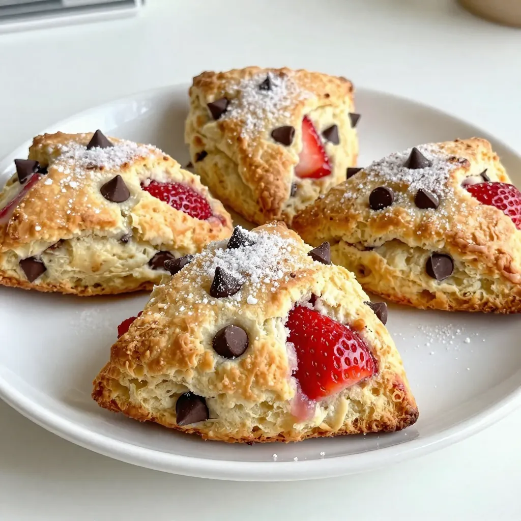 To make these tasty strawberry chocolate chip scones, you need the following: - 2 cups all-purpose flour - ½ cup granulated sugar - 1 tablespoon baking powder - ½ teaspoon salt - ½ cup unsalted butter, chilled and cut into small cubes - 1 cup fresh strawberries, hulled and diced into small pieces - ½ cup semi-sweet chocolate chips - ½ cup heavy cream - 1 large egg - 1 teaspoon pure vanilla extract - Turbinado sugar for sprinkling (optional) You can swap some ingredients if needed: - Use whole wheat flour for a nutty flavor. - Replace granulated sugar with brown sugar for a richer taste. - Coconut oil can replace unsalted butter for a dairy-free option. - If fresh strawberries are not available, frozen ones work too. Just thaw and drain them first. - Use almond milk instead of heavy cream for a lighter scone. Having the right tools makes baking easier: - Mixing bowls for combining ingredients. - A whisk for blending dry ingredients. - A pastry cutter or your hands for mixing butter. - A sharp knife or bench scraper for cutting the dough. - Parchment paper to line your baking sheet. - An oven thermometer to ensure correct baking temperatures. - A wire rack for cooling the scones after baking. These ingredients and tools will help you create perfect scones that are both fresh and tasty! {{ingredient_image_2}} First, preheat your oven to 400&deg;F (200&deg;C). This step is key for a perfect bake. Next, line a baking sheet with parchment paper. This will stop the scones from sticking. In a big bowl, mix together 2 cups of all-purpose flour, ½ cup of granulated sugar, 1 tablespoon of baking powder, and ½ teaspoon of salt. Use a whisk to blend these dry ingredients well. This mix gives the scones their base flavor. Now, add ½ cup of cold, cubed unsalted butter. Use a pastry cutter or your fingers to mix it in. Work until it looks like coarse crumbs. You want pea-sized bits of butter to stay. This helps make the scones flaky. Gently fold in 1 cup of diced fresh strawberries and ½ cup of semi-sweet chocolate chips. Be careful not to crush the strawberries. You want them whole for bursts of flavor in each bite. In a separate bowl, whisk together ½ cup of heavy cream, 1 large egg, and 1 teaspoon of pure vanilla extract. Mix until smooth. Slowly pour this into the dry mixture and stir gently. Stop when just combined to keep the scones light. Lightly flour a clean surface and turn the dough out. Knead it gently a few times until it holds together. Pat the dough into a circle about 1-inch thick. Use a sharp knife to cut it into 8 wedges. Place the wedges on the baking sheet, spacing them apart. If you like, sprinkle turbinado sugar on top for extra crunch. Bake in the preheated oven for 20-25 minutes. The scones should be golden brown. Use a toothpick to check; it should come out clean. Once done, let them cool for a few minutes before moving them to a wire rack. Enjoy your fresh scones! To get light and fluffy scones, handle the dough gently. Overmixing makes them tough. Mix until just combined. You want small pieces of butter in the dough. This keeps them tender. Use cold butter to ensure a nice rise. Store leftover scones in an airtight container. They stay fresh for up to two days. To reheat, place them in a warm oven for about 5-10 minutes. This brings back their soft texture and aroma. You can also microwave them for about 15-20 seconds, but they might lose some crispness. Serve your scones warm for the best taste. They pair well with clotted cream or butter. For added delight, drizzle a little melted chocolate on top. Fresh strawberries on the side add a nice touch. Enjoy them with your favorite tea or coffee for a perfect snack! Pro Tips Use Cold Ingredients: Ensure that your butter and cream are chilled. This helps create flaky layers in the scones. Don't Overmix: Mix until just combined to maintain a light and tender texture. Overmixing can lead to dense scones. Fresh Strawberries: Use fresh strawberries for the best flavor and texture. Frozen strawberries can make the dough too wet. Store Properly: Keep leftover scones in an airtight container at room temperature for up to 2 days, or freeze for longer storage. {{image_4}} You can switch up the fruit in these scones. Try blueberries, raspberries, or diced peaches. Each fruit brings a new flavor. Blueberries add a burst of sweetness, while raspberries add a tangy twist. Diced peaches give a juicy, summer vibe. Just make sure to chop the fruit small. This helps them mix well into the dough. While semi-sweet chocolate chips shine in this recipe, you can use dark chocolate or white chocolate. Dark chocolate gives a richer taste, while white chocolate adds creaminess. You can also use chocolate chunks for a more rustic look. Just keep the amount the same, so your scones stay balanced. Want to make these scones vegan? Substitute the butter with vegan butter or coconut oil. Use a non-dairy milk like almond or oat milk in place of heavy cream. For a gluten-free option, swap all-purpose flour for a gluten-free blend. Make sure it contains xanthan gum for the right texture. These changes let everyone enjoy delicious scones! To keep your scones fresh, store them in an airtight container. This helps prevent them from drying out. Place parchment paper between layers if you stack them. This way, they won&rsquo;t stick together. Store the container at room temperature for up to two days. If you want them to last longer, consider freezing. To freeze your scones, let them cool completely first. Wrap each scone tightly in plastic wrap. Then, place the wrapped scones in a freezer bag or a container. Be sure to label the bag with the date. You can freeze them for up to three months. When you are ready to enjoy them, thaw the scones in the fridge overnight. The shelf life for freshly baked scones is about two days at room temperature. If you freeze them, they can last up to three months. To reheat, place the scones in a preheated oven at 350&deg;F (175&deg;C) for about 10 minutes. This warms them up nicely and restores their texture. Enjoy the fresh taste of your strawberry chocolate chip scones again! You can tell your scones are done when they turn golden brown. A toothpick inserted in the center should come out clean. If it has wet batter on it, give them a few more minutes. Keep an eye on them, as ovens vary. Yes, you can use frozen strawberries! Just remember to thaw them first and drain any excess liquid. This helps avoid a soggy dough. The flavor will still be great, but fresh strawberries offer a brighter taste. These scones pair well with clotted cream or a dollop of whipped cream. You can also serve them with fresh fruit or a drizzle of chocolate sauce. A cup of tea or coffee makes a nice touch too! To make your scones fluffier, avoid overmixing the dough. Mix until just combined. Using cold butter is also key. It creates steam as it melts, which helps the scones rise. Lastly, make sure your baking powder is fresh. Yes, you can make the dough ahead of time! Just wrap it tightly in plastic wrap and refrigerate. Use it within 24 hours for best results. When you're ready, cut the scones and bake them for a fresh treat! In this post, we covered how to make delicious strawberry chocolate chip scones. You learned about the key ingredients, tools, and step-by-step baking instructions. I shared tips for the best texture and variations to try. Remember, storing scones properly keeps them fresh longer. Enjoy your baking, and don&rsquo;t hesitate to explore different flavors. Scones can be fun and tasty with many twists. Happy baking, and enjoy your yummy treats!