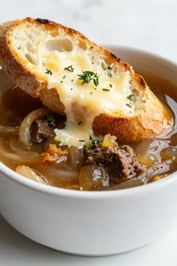 - 4 large yellow onions - Butter and olive oil - 1 teaspoon granulated sugar - 4 cups low-sodium beef broth - 1 cup vegetable broth - 2 cloves garlic, finely minced - 1 tablespoon fresh thyme leaves - 1 bay leaf - Salt and black pepper to taste - 8 slices of crusty baguette, toasted - 1 &frac12; cups freshly grated Gruy&egrave;re cheese - &frac12; cup freshly grated Parmesan cheese The heart of French onion soup lies in its simple, yet rich ingredients. You start with yellow onions, which are key for that sweet, caramelized flavor. You need butter and olive oil to saut&eacute; the onions, creating a base that is both rich and savory. Adding granulated sugar helps these onions caramelize nicely. This step is crucial; it brings out their natural sweetness. For the broth, you will want a mix of beef broth and vegetable broth. This combination gives depth to your soup. Aromatics like garlic, thyme, and a bay leaf infuse the soup with wonderful flavor. Don't forget to season with salt and black pepper to enhance all those tastes. Finally, the finishing touches are the baguette, Gruy&egrave;re, and Parmesan cheese. The toasted baguette acts as a base, while the cheeses melt beautifully on top, creating that iconic cheesy crust. Each ingredient plays a vital role in making this dish comforting and flavorful. {{ingredient_image_2}} First, I melt the butter and olive oil in a large pot over medium heat. The mix adds a nice depth of flavor. Then, I slice the onions thinly. I add them to the pot along with the granulated sugar. The sugar helps the onions caramelize well. I saut&eacute; the onions for about 30 to 40 minutes. I stir them often to ensure even cooking. The goal is to turn them a rich, golden brown. This caramelization adds a sweet, deep flavor to the soup. Once the onions look perfect, I stir in minced garlic. I let it cook for about 2 minutes. This step brings out the garlic's nice aroma. Next, I pour in the beef and vegetable broth. I also add fresh thyme, a bay leaf, salt, and black pepper. I bring this mixture to a gentle simmer. I let it cook for about 20 minutes. This time allows the flavors to meld together, creating a rich soup. While the soup simmers, I preheat the oven to the broil setting. After 20 minutes, I remove the bay leaf. Then, I ladle the soup into oven-safe bowls. I fill each bowl generously. I place a toasted baguette slice on top of each bowl. Then, I sprinkle Gruy&egrave;re and Parmesan cheese over the bread. I want the cheese to be melty and gooey. I place the bowls under the broiler for about 3 to 5 minutes. I keep an eye on them to ensure the cheese bubbles and turns golden brown. Using oven mitts, I carefully take the bowls out of the oven. I let them cool slightly before serving to avoid burns. To caramelize onions well, timing and heat matter a lot. Start with medium heat. This helps the onions cook slowly and evenly. Stir them often to avoid burning. Aim for about 30 to 40 minutes of cooking. The goal is a rich, golden brown color. Common mistakes include cooking on high heat. This can lead to burnt edges and raw centers. Also, don&rsquo;t rush the process. Good caramelization takes time. If you add salt early, it can draw out moisture. This can slow down caramelization. Wait until the onions are soft before seasoning. For the best cheese melting, Gruy&egrave;re is my top choice. It melts beautifully and adds a nutty flavor. Mixing in Parmesan gives a nice sharpness. Together, they create a rich layer on top of the soup. When broiling, keep an eye on the cheese. Place the bowls under the broiler for just 3 to 5 minutes. If you leave them too long, the cheese might burn. Look for a bubbly, golden finish. If you want extra flavor, sprinkle some fresh herbs on top before serving. Pro Tips Caramelization is Key: Take your time when caramelizing the onions. The deeper the color, the richer the flavor. Stir occasionally to prevent burning. Broth Balance: Combining beef and vegetable broth provides a depth of flavor without being overly rich. Feel free to adjust ratios based on your preference! Cheese Choices: Gruy&egrave;re is traditional, but mixing in other cheeses like Emmental can add a unique flavor. Experiment with your favorites! Serving Style: For a stylish presentation, use oven-safe crocks or ramekins. This not only looks appealing but keeps the soup warm longer! {{image_4}} You can easily make a vegetarian version of French onion soup. Just swap out the beef broth for more vegetable broth. This keeps the soup rich and tasty. You might also want to add some extra flavor enhancers. A splash of white wine can add depth. You can also use soy sauce or miso for a savory boost. Toppings can really change the game! Instead of just using toasted baguette, try some other creative options. You can use a slice of garlic bread for a twist. Or, add croutons made from your favorite bread. For garnishes, consider fresh herbs like parsley or chives. A sprinkle of crushed red pepper can also add some heat. To keep your French onion soup fresh, store it in an airtight container. Allow the soup to cool before sealing it. This method helps maintain its rich flavor and aroma. The soup lasts about 3 to 4 days in the fridge. For best results, reheat the soup on the stove over medium heat. Stir it gently to avoid burning. If the texture seems off, add a splash of broth or water. This keeps it creamy and delicious. You can freeze French onion soup for later enjoyment. First, let it cool completely. Then, pour the soup into freezer-safe containers. Leave some space at the top for expansion. Seal tightly and label with the date. To thaw, move the soup to the fridge for a day. Then, heat it on the stove over low heat. Stir often until it's hot. If needed, add some broth to restore the original texture. Enjoy your soup as if it were freshly made! French onion soup is a classic dish made with simple ingredients. The main stars are: - 4 large yellow onions - 3 tablespoons unsalted butter - 1 tablespoon extra virgin olive oil - 4 cups low-sodium beef broth - 1 cup vegetable broth - 2 cloves garlic - Fresh thyme leaves - Bay leaf - Crusty baguette - Gruy&egrave;re cheese - Parmesan cheese These ingredients work together to create a rich, savory flavor. The onions caramelize to bring out their sweetness. Then, the broths add depth, while the cheese gives a creamy finish. To make your soup thicker, try these tips: - Cook the onions longer. This helps to concentrate their flavor and thicken the soup. - Add a bit of flour. Mix a tablespoon of flour with butter, then stir it into the onions before adding the broth. - Use less broth. Start with less liquid and add more only if needed. - Let it simmer longer. This will help reduce the liquid and improve thickness. These methods will give you a heartier soup that clings to the bread. Yes, you can prepare French onion soup in advance. Here are some tips: - Make the soup base a day before. Store it in the fridge to let the flavors meld. - Reheat the soup gently on the stove before serving. - Prepare the cheese and bread just before broiling. This keeps the bread crisp and the cheese fresh. By prepping ahead, you save time without losing taste! You now know how to make a great French onion soup. We covered the key ingredients, like onions, broths, and cheese. I shared steps to prepare the soup and tips for perfect caramelization. You can even create variations or store leftovers easily. With these insights, you can enjoy this classic dish at home. Remember, practice makes perfect, so don't hesitate to try your own spin on it. Happy cooking!