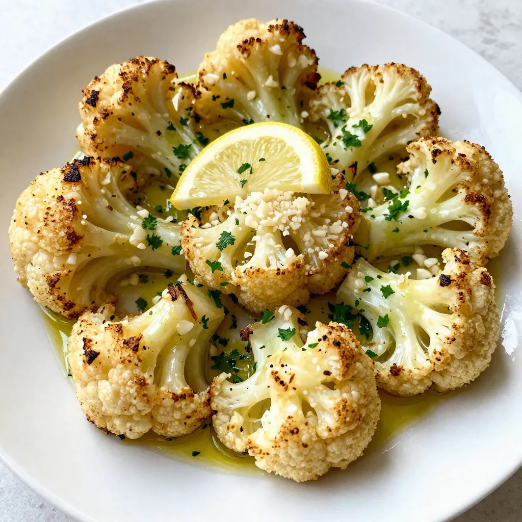 - Cauliflower florets - Olive oil - Minced garlic - Finely grated Parmesan cheese - Smoked paprika - Sea salt - Black pepper - Fresh parsley - Lemon zest To make Garlic Parmesan Roasted Cauliflower, gather your ingredients first. Start with a medium head of cauliflower. Cut it into bite-sized florets. This will help them cook evenly. Next, you'll need three tablespoons of extra-virgin olive oil. It adds a rich flavor and helps the seasoning stick. For taste, use four cloves of finely minced garlic. Garlic brings a strong aroma and taste that pairs perfectly with cauliflower. You&rsquo;ll also need half a cup of finely grated Parmesan cheese. This cheese melts beautifully and adds a savory note. A teaspoon of smoked paprika adds depth to your dish. It brings a subtle smoky flavor that enhances the overall taste. For seasoning, include half a teaspoon of sea salt and a quarter teaspoon of freshly ground black pepper. These will elevate the flavors of the dish. Fresh parsley adds color and freshness. You&rsquo;ll need two tablespoons, chopped finely. Lastly, zest one lemon. This brightens the flavors and adds a refreshing touch. Together, these ingredients create a simple yet delicious flavor boost that makes the roasted cauliflower shine. {{ingredient_image_2}} Set your oven to 425&deg;F (220&deg;C). This high heat helps the cauliflower roast well. Preheating is key to getting that crispy, golden texture. If you skip this step, your cauliflower may turn out soft and soggy. Take your cauliflower and cut it into bite-sized florets. Place them in a large bowl. Pour in 3 tablespoons of olive oil. Add the minced garlic, smoked paprika, sea salt, and black pepper. Toss everything together. Make sure each floret gets a nice coat of oil and seasoning. This step is vital for great flavor. Spread the seasoned cauliflower on a lined baking sheet. Avoid crowding the florets. Crowding can cause steaming instead of roasting. Place the sheet in the oven and roast for 20 minutes. Look for golden edges and tender florets. Next, take the baking sheet out and sprinkle ½ cup of grated Parmesan cheese on top. Make sure to cover the cauliflower evenly. Return it to the oven for another 5-10 minutes. Watch closely for that lovely melted cheese and golden crust. When the roasting is done, zest a lemon over the warm cauliflower. This adds brightness to the dish. Finish by garnishing with chopped fresh parsley for color and freshness. Enjoy your Garlic Parmesan Roasted Cauliflower! To get that perfect roast, avoid overcrowding your baking sheet. If the florets are too close, they will steam instead of roast. This can make them soggy. Spread the cauliflower out in a single layer. This helps them cook evenly. Roast your cauliflower at 425&deg;F (220&deg;C) for about 20 minutes. This high heat gives it a nice crunch. After the first roast, check if the edges are golden brown. If they are, it&rsquo;s time to add the cheese! You can add more depth to this dish. Try adding some red pepper flakes for heat. A sprinkle of Italian herbs also works well. You can mix in some lemon juice for a fresh taste, too. When seasoning, make sure you coat each floret well. Toss them in a bowl to ensure every piece gets flavor. This makes every bite tasty and enjoyable. Serve your roasted cauliflower right from the baking sheet. It looks rustic and inviting. If you want to impress, transfer it to a nice dish. Drizzle some extra olive oil on top. This adds shine and flavor. A sprinkle of fresh parsley gives a pop of color. You can also add a bit more lemon zest for a great finish. Pro Tips Choose Fresh Cauliflower: Select a firm, heavy head of cauliflower with tightly packed florets for the best flavor and texture. Don't Skimp on Olive Oil: A generous amount of olive oil helps the cauliflower roast evenly and develop a crispy exterior. Flavor Variations: Experiment with spices like cumin or curry powder for a different flavor profile that complements the garlic and cheese. Serving Suggestions: Pair the roasted cauliflower with a squeeze of fresh lemon juice or serve alongside grilled proteins for a complete meal. {{image_4}} You can switch up the cheese for more flavor. Some good choices include: - Pecorino Romano - Grana Padano - Nutritional yeast for a vegan option Adding spices or herbs can change the taste too. Try these: - Italian seasoning for a fragrant twist - Red pepper flakes for heat - Fresh thyme or rosemary for a fresh touch If you want a vegan dish, replace the cheese with vegan options. Nutritional yeast gives a cheesy flavor. You can also use vegan cheese that melts well. For the best results, adjust the recipe by: - Skipping the cheese step - Adding a bit more olive oil to keep it moist Roasting other veggies with cauliflower can create a colorful dish. Good pairs include: - Broccoli for a nice crunch - Bell peppers for sweetness - Carrots for extra color Try mixing cauliflower with these veggies for added flavor and texture. The roasting time may vary, so check for doneness. After making Garlic Parmesan Roasted Cauliflower, let it cool. Place leftovers in an airtight container. Store them in the fridge for up to three days. If you want to keep it longer, freezing is a good option. Place cooled cauliflower in a freezer-safe bag. Squeeze out the air and seal it well. You can freeze it for up to three months. When it&rsquo;s time to eat, you want your cauliflower to stay crisp. The best way to reheat is in the oven. Preheat the oven to 350&deg;F (175&deg;C). Spread the cauliflower on a baking sheet. Heat it for about 10-15 minutes. This will help keep that nice texture. Avoid using the microwave, as it can make the cauliflower soggy. If you must use a microwave, reheat in short bursts, stirring in between. To keep your cauliflower crisp, follow these tips: - Cut florets evenly: Make sure all pieces are about the same size. This helps them cook at the same rate. - Use high heat: Roasting at 425&deg;F (220&deg;C) gives a nice golden color. - Don't overcrowd the pan: Spread the florets out on the baking sheet so they have space. This allows air to circulate. - Roast in stages: Start with seasoning, roast, then add cheese later. This prevents moisture from the cheese from making the cauliflower soggy. Yes, you can prepare it ahead of time! Here&rsquo;s how: - Prep the florets: Cut and season them earlier in the day. Store in the fridge. - Roast before serving: For the best taste, roast it just before you eat. - Reheat if needed: If you roast it earlier, reheat it in the oven to keep it crisp. This dish pairs well with many meals. Consider these options: - Grilled chicken or fish: The flavors complement each other well. - Salads: A fresh salad balances the richness of the cheese. - Pasta dishes: It can add a veggie twist to your favorite pasta. - Quinoa or rice: Serve it with grains for a complete meal. Yes, Garlic Parmesan Roasted Cauliflower is a healthy choice! Here&rsquo;s why: - Low in calories: Cauliflower is low in calories, making it a great veggie option. - Rich in nutrients: It contains vitamin C, K, and fiber. - Healthy fats: Using olive oil adds good fats without excess calories. - Flavor without guilt: You enjoy tasty garlic and cheese flavors without heavy sauces. In this post, I covered how to make Garlic Parmesan Roasted Cauliflower. We discussed key ingredients, like cauliflower, olive oil, and Parmesan. I shared steps for roasting, tips for the perfect texture, and ways to boost flavor. I also explored different variations, storage methods, and answered common questions. In conclusion, this dish is easy, tasty, and customizable. You can enjoy it as a side or a main dish. With these steps, your roast will turn out great every time. Happy cooking!