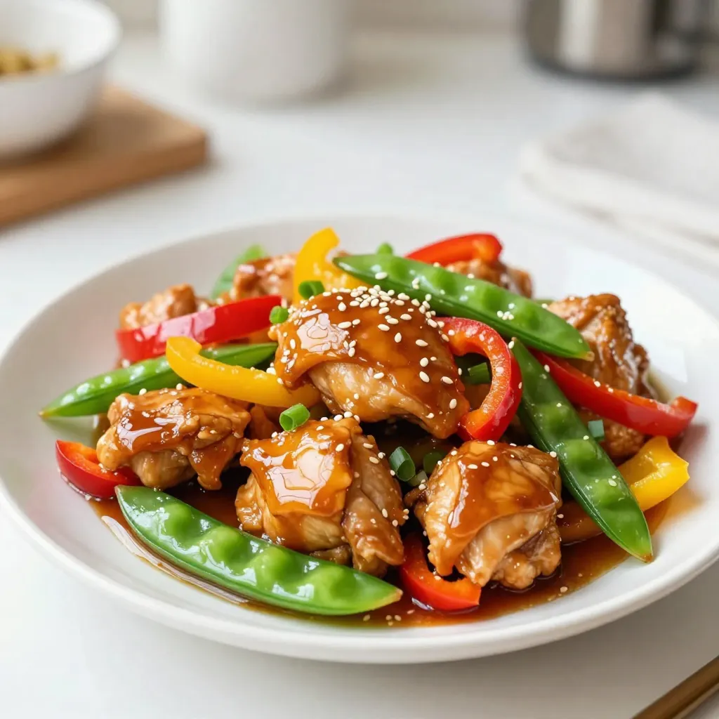 - 1 lb boneless chicken thighs, cut into bite-sized pieces - 2 tablespoons honey - 3 cloves garlic, finely minced - 1 tablespoon soy sauce - 1 tablespoon sesame oil - 2 cups mixed bell peppers, sliced into strips - 1 cup snap peas, trimmed and washed - 1 small onion, thinly sliced - 1 tablespoon fresh ginger, grated - 2 tablespoons cornstarch - 2 tablespoons chicken broth - Salt and black pepper to taste The main ingredients create a tasty mix. Chicken thighs add rich flavor and stay moist. Honey brings sweetness, while garlic gives a lovely depth. The soy sauce adds a savory note. Bell peppers and snap peas offer crunch and color. Ginger gives a fresh kick, making this dish special. - Large skillet or wok - Medium bowl - Whisk - Cooking oil (vegetable or canola) Using the right tools is key to success. A large skillet or wok helps with even cooking. A medium bowl works well for mixing sauces. A whisk ensures your sauce is smooth. Cooking oil prevents sticking and adds flavor to the dish. - Sesame seeds - Finely chopped green onions Garnishes make your dish pop. Sesame seeds add crunch and a nutty taste. Green onions bring a fresh bite and color. These small touches make your Honey Garlic Chicken Stir Fry look great and taste even better. {{ingredient_image_2}} To make the sauce, grab a medium bowl. Add 2 tablespoons of honey, 3 minced garlic cloves, 1 tablespoon of soy sauce, and 1 tablespoon of sesame oil. Whisk these ingredients together until smooth. This sauce will give your dish a sweet and savory flavor. Next, take 1 pound of boneless chicken thighs and cut them into bite-sized pieces. Place them in a bowl. Sprinkle 2 tablespoons of cornstarch, a pinch of salt, and black pepper over the chicken. Toss it all to coat each piece well. This coating helps the chicken get crispy. Heat a large skillet over medium-high heat and add a splash of oil. Once the oil is hot, add the chicken. Cook for 5 to 7 minutes until it's golden brown and no longer pink. Remove the chicken and set it aside. In the same skillet, you can add a little more oil if needed. Now, toss in a thinly sliced onion and 1 tablespoon of grated ginger. Stir-fry these for about 2 to 3 minutes, until the onion softens and turns translucent. This step brings out their rich flavors. Now it's time to add some color. Add 2 cups of mixed bell peppers and 1 cup of snap peas to the skillet. Keep stir-frying for 3 to 4 minutes. You want the veggies to be tender yet crisp. This keeps their bright colors and nutrients intact. Return the cooked chicken to the skillet. Pour the honey-garlic sauce over the chicken and veggies. Stir everything well to coat it in the sauce. Cook for an additional 2 to 3 minutes. This allows the sauce to thicken and glaze all the ingredients. Taste the stir-fry to see if it needs more salt, pepper, or soy sauce. Adjust the seasoning to your liking. Once it's hot and well mixed, remove it from the heat. Transfer the stir-fry to a serving dish. Garnish it with sesame seeds and chopped green onions for a beautiful finish. Enjoy your meal! To get that nice, crispy chicken, use boneless thighs. They stay juicy and tender. Coat the chicken with cornstarch before cooking. This helps it fry up nicely. When you cook it, make sure the oil is hot. Stir-fry over medium-high heat for about 5-7 minutes. This gives you golden brown pieces. You can play with flavors in this dish. If you like it sweeter, add more honey. For a savory kick, increase the soy sauce. If you enjoy heat, try adding red pepper flakes. Taste your sauce before pouring it in. Adjust the salt and pepper to fit your taste. Serve your stir-fry over jasmine rice or rice noodles. This makes a great base for the dish. You can also add a side of steamed broccoli for extra greens. For a fun twist, try adding sesame seeds and chopped green onions on top. They add crunch and color! Enjoy your meal while it&rsquo;s hot for the best taste. Pro Tips Perfect Chicken Texture: To achieve the crispiest chicken, make sure to thoroughly coat the chicken pieces in cornstarch and allow them to rest for a few minutes before cooking. Vegetable Crunch: For the best texture and flavor, avoid overcooking the vegetables. They should be tender yet still crisp to retain their vibrant colors and nutrients. Adjusting Sweetness: If you prefer a sweeter sauce, feel free to add more honey. Conversely, for a more savory flavor, increase the soy sauce slightly. Serving Suggestions: This stir fry is delicious served over jasmine rice or rice noodles, but also pairs well with quinoa for a healthier option. {{image_4}} You can swap chicken thighs for many proteins. Try boneless chicken breasts for a leaner choice. Firm tofu works well for a plant-based dish. Shrimp adds a seafood twist. If you want beef, use thinly sliced flank steak. Always adjust cooking times for each protein. Feel free to mix up the veggies! Broccoli gives a nice crunch and flavor. Carrots add sweetness and color. You can also try zucchini or mushrooms for more variety. Just keep the cooking time in mind. You want them crisp but tender. To make this dish gluten-free, use tamari instead of soy sauce. Check your honey for any added ingredients. Cornstarch is naturally gluten-free, so no changes needed there. Serve with rice or rice noodles that are gluten-free. Enjoy your meal without worry! After cooking, let the honey garlic chicken stir fry cool down. Place it in an airtight container. Store it in the fridge for up to three days. This keeps it fresh and safe to eat. When you want to enjoy it again, just check for any off smells or changes in color before reheating. To freeze, allow the stir fry to cool completely first. Use a freezer-safe container or bag. Make sure to remove as much air as possible to avoid freezer burn. It can last in the freezer for about three months. Label the container with the date for easy tracking. Thaw it in the fridge overnight before reheating. When ready to eat, reheat the stir fry on the stove or in a microwave. If using the stove, heat it in a pan over medium heat. Stir often until it&rsquo;s warmed through. For the microwave, use a microwave-safe dish and cover it to keep moisture in. Heat in short intervals, stirring in between. This helps keep the chicken tender and the veggies crisp. Yes, you can use chicken breast. Chicken breast is leaner than thighs. It will cook faster and may be less juicy. To keep it tender, do not overcook. If you need a substitute for honey, try maple syrup or agave nectar. Both provide sweetness but have different flavors. You can also use brown sugar mixed with a bit of water. Honey garlic chicken stir fry lasts about 3 to 4 days in the fridge. Store it in an airtight container. This keeps the flavors fresh and the chicken safe to eat. Yes, you can make this recipe in advance. Prepare all the ingredients, and store them separately. You can also cook the dish and reheat it later. Just ensure it&rsquo;s fully heated through before serving. Jasmine rice pairs perfectly with this stir-fry. Its light and fragrant taste complements the honey garlic chicken well. You can also use brown rice or rice noodles for a different texture. This blog post covered how to make a delicious dish with simple steps. We looked at the main ingredients, cooking essentials, and garnishes. I shared tips for perfect chicken and flavor adjustment. I also showed variations for different diets and storage info to keep your meal fresh. Remember, cooking is fun! Experiment with new flavors, and try your own twists. Enjoy your cooking journey!