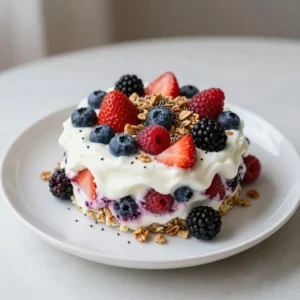 You need 2 cups of Greek yogurt. You can pick plain or vanilla. Greek yogurt is thick and creamy. It gives great texture to the bark. It packs protein and probiotics, which are good for your gut. For a bright mix, use 1 cup of berries. I love strawberries, blueberries, raspberries, and blackberries. They add color and flavor. You can pick your favorites or what is in season. Fresh or frozen, both work well. Use 2 tablespoons of honey or maple syrup. This adds just the right touch of sweetness. You can adjust the amount to suit your taste. If you like it sweeter, add more. For less sweetness, use less. Consider 1 tablespoon of chia seeds for added crunch. They boost nutrition with fiber and omega-3s. You can also add &frac14; cup of your favorite granola for great texture. The granola adds a nice crunch. Lastly, the zest of 1 lemon can add a bright flavor. It makes the bark taste fresh and lovely. {{ingredient_image_2}} Start by lining a baking sheet with parchment paper. This helps the bark not stick. It also makes it easier to lift the bark out later. You want to ensure a clean removal. In a medium bowl, combine 2 cups of Greek yogurt with 2 tablespoons of honey or maple syrup. If you like, add the zest of 1 lemon for a fresh taste. Stir well until the mixture is smooth. This step is key for even sweetness. Next, pour the yogurt mixture onto your lined baking sheet. Use a spatula to spread it evenly. Aim for about a &frac12; inch thick layer. This thickness creates the right balance of creaminess. Now it&rsquo;s time for the fun part! Add 1 cup of mixed berries over the yogurt. Press them down gently so they stick. Then, sprinkle 1 tablespoon of chia seeds and &frac14; cup of granola on top for crunch. This adds great texture and flavor. Carefully place the baking sheet in the freezer. Let it freeze for 2-4 hours. Your goal is to make sure the yogurt is completely firm. A good freeze gives the best texture for the bark. Once it&rsquo;s frozen, take the baking sheet out. Gently peel off the parchment paper. Use your hands to break the yogurt into pieces or squares. Each piece will look unique and mouth-watering. Enjoy your Greek Yogurt Berry Bark right away for the best taste! You can make Greek Yogurt Berry Bark your own. Use any yogurt flavor you like. Vanilla adds a sweet note, while plain keeps it simple. Mix different berries for fun colors and tastes. Try adding bananas or peaches for a twist. You can also swap honey for agave nectar or maple syrup. Serve your Greek Yogurt Berry Bark on a nice platter. A drizzle of extra honey adds flair. For a fancy touch, sprinkle fresh lemon zest on top. This makes it look great for parties or family snacks. You can even cut the bark into fun shapes for kids. Texture is key for the best experience. Spread the yogurt thick enough, about &frac12; inch. This gives the bark a creamy bite. When adding toppings, press them down gently. This helps them stick to the yogurt. Freeze for at least two hours for the right firmness. For a crunch, add granola right before serving. Enjoy the mix of creamy, fruity, and crunchy in every bite! Pro Tips Use Full-Fat Yogurt: For an ultra-creamy texture, opt for full-fat Greek yogurt. It enhances the richness and makes the bark more satisfying. Experiment with Toppings: Feel free to customize your bark with different fruits, nuts, or seeds. Try adding sliced bananas, coconut flakes, or even dark chocolate chips! Layer Flavors: Consider adding a splash of vanilla extract or a pinch of cinnamon to the yogurt mixture for an extra layer of flavor that complements the berries beautifully. Perfect Storage: When storing leftovers, keep the bark in an airtight container between layers of parchment paper to prevent sticking and maintain freshness. {{image_4}} You can switch up the fruit based on the season. In summer, try peaches or cherries. In fall, apples and pears are great choices. Winter can feature citrus fruits like oranges or grapefruits. Each fruit adds its own flavor and color. This keeps your Greek yogurt berry bark fresh and exciting! If you want a dairy-free option, use coconut yogurt. It has a creamy texture and lovely taste. Almond or soy yogurt also works well. Just make sure to choose a plain or vanilla-flavored yogurt for the best results. This way, everyone can enjoy this tasty treat! You can change the sweetener too. Agave syrup is a nice alternative to honey. You may also use stevia or erythritol for a low-calorie option. Each sweetener brings its own flavor. Adjust the amount based on your taste. This way, you can make the bark as sweet as you like! To keep your Greek Yogurt Berry Bark fresh, use an airtight container. This will prevent freezer burn and keep the flavors bright. If you don&rsquo;t have one, wrap the bark tightly in plastic wrap. Always label the container with the date. This helps you track how long it has been stored. When stored properly, Greek Yogurt Berry Bark can last up to a week in the freezer. If you want to enjoy it longer, consider freezing it for up to a month. Just remember, the longer it stays, the more the texture may change. It may get a bit icy but still taste great! When you're ready to enjoy your bark, remove it from the freezer. Let it sit at room temperature for about 10-15 minutes. This will help it soften slightly, making it easier to break into pieces. If you&rsquo;re in a hurry, you can also microwave it for a few seconds. Just be careful not to melt it! Yes, you can use other types of yogurt. I prefer Greek yogurt for its thick texture and tangy taste. You can try regular yogurt, but it may not hold its shape as well when frozen. If you want a low-fat option, look for Greek yogurt with lower fat content. The Greek Yogurt Berry Bark can last up to a week in the freezer. Store it in an airtight container. If you leave it out, it will melt quickly and lose its texture. I suggest taking out only what you plan to enjoy. Absolutely! Adding nuts or seeds is a great idea for extra crunch. You can sprinkle almonds, walnuts, or pumpkin seeds on top. If you include chia seeds, it adds a nice texture and boosts nutrition. Yes, this recipe is perfect for meal prep. You can make a batch at the start of the week. It&rsquo;s a healthy snack option that is easy to grab when you're busy. Just portion it out and keep it in the freezer for quick treats! We explored how to create delicious Greek yogurt berry bark. We covered key ingredients like Greek yogurt, berries, and sweeteners. You learned step-by-step instructions for making the bark, from mixing to freezing. I shared tips for customizing your recipe and serving ideas. We also looked at storage options and answered common questions. Now you can enjoy a tasty treat that's healthy and fun to make. This recipe is perfect for any time of year. Enjoy your homemade snack and share it with others!