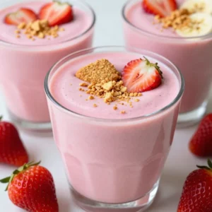 Fresh strawberries are the star of this smoothie. Use one cup of hulled and sliced strawberries. They give the smoothie its sweet and tangy flavor. Add one ripe banana, sliced and frozen. The banana adds natural sweetness and a creamy texture. You need one cup of Greek yogurt. It can be plain or vanilla. Greek yogurt makes the smoothie thick and adds protein. Use ¼ cup of softened cream cheese. It gives the smoothie its cheesecake flavor and creaminess. Make sure it&rsquo;s soft so it blends well. Add one tablespoon of honey or maple syrup. You can adjust this to match your taste. These sweeteners enhance the overall flavor. Include ½ teaspoon of pure vanilla extract. It adds a lovely aroma and depth to the taste of the smoothie. Pour in ½ cup of milk. You can use any kind, dairy or non-dairy. This helps to thin the smoothie and make it drinkable. For garnishing, use crushed graham crackers. They mimic the crust of a traditional cheesecake and add a nice crunch. You can also add a fresh strawberry on the rim for a pretty touch. {{ingredient_image_2}} Start by preparing the fresh strawberries. Take one cup of berries, hull them, and slice them. Next, grab a ripe banana. Slice it and freeze the pieces. You want it nice and cold for a creamy texture. Now, get one cup of Greek yogurt. You can choose plain or vanilla for extra sweetness. Then, take ¼ cup of cream cheese and let it soften at room temperature. This helps it mix well. Add the strawberries, frozen banana, Greek yogurt, and cream cheese to your blender. Pour in the honey or maple syrup. Add ½ teaspoon of pure vanilla extract and ½ cup of milk. This mix gives your smoothie great flavor and creaminess. Blend everything on high speed. Stop the blender occasionally to scrape down the sides. This step ensures all ingredients blend smoothly together. Once the mixture is creamy, taste it. If it needs more sweetness, add a little more honey or maple syrup. Blend briefly again to mix the sweetener in. This way, you get just the right flavor. When picking strawberries, look for bright red ones. They should feel firm and smell sweet. Avoid dull or green ones. Fresh strawberries make your smoothie taste amazing. If they are in season, they will be juicier and sweeter. You can also freeze them for later use. Just wash and hull them before freezing. This way, you can enjoy the flavor all year. To make this smoothie dairy-free, swap the Greek yogurt and cream cheese. Use plant-based yogurt and dairy-free cream cheese instead. Almond, coconut, or cashew milk work well too. They add creaminess without dairy. You can also use silken tofu as a creamy base. This keeps the texture smooth and rich, just like the original. Add extra flavor to your smoothie in many ways. A pinch of cinnamon can add warmth. Try a splash of lemon juice for brightness. You can even mix in a handful of spinach for added nutrients. It won't change the taste much. If you want it sweeter, add more honey or maple syrup. Experimenting with flavors can make your smoothie even more delightful! Pro Tips Choose Ripe Strawberries: Ensure your strawberries are perfectly ripe for the best flavor and sweetness. Overripe or underripe strawberries can drastically alter the taste of your smoothie. Chill Your Ingredients: For an extra refreshing smoothie, consider chilling the Greek yogurt and milk ahead of time. This helps to keep the smoothie cold and enjoyable. Experiment with Sweeteners: Feel free to adjust the sweetness level by using agave syrup or a sugar substitute if preferred. Different sweeteners can provide unique flavor profiles. Blend in Additional Fruits: Enhance the nutritional value and flavor by adding other fruits like blueberries or raspberries to the mix. Just be mindful of the balance between flavors. {{image_4}} You can change the fruit in your smoothie to suit your taste. If you want a twist, try using blueberries or raspberries. These fruits also add a nice color and flavor. For a tropical vibe, mango or pineapple works great too. Each fruit brings its own unique taste, making your smoothie fun and fresh. If you want a dairy-free version, use non-dairy cream cheese. Brands like Tofutti or Kite Hill are good choices. They provide that creamy texture without dairy. This way, everyone can enjoy the smoothie, even those who are lactose intolerant. You can add flavors to make your smoothie even better. A pinch of cinnamon or nutmeg can give warmth to the taste. If you like chocolate, try cocoa powder for a rich flavor. For a fun twist, add a tablespoon of peanut butter or almond butter. This not only boosts flavor but also adds protein, making your smoothie more filling. Store leftover smoothie in an airtight container. This keeps it fresh and tasty. Aim to eat it within one day for the best flavor. If you see separation, just give it a quick stir before drinking. You can freeze leftover smoothie for later. Pour it into ice cube trays or freezer bags. This way, you can enjoy it as a cool treat later. Just remember to thaw it in the fridge overnight before using. Smoothies are best cold and creamy, but if you want to warm it, do so gently. Place it in a pot over low heat. Stir often to avoid overheating. You want it just warm, not hot, to keep the flavors intact. Yes, you can use frozen strawberries. They add a nice chill and creaminess. Just remember to adjust the amount of milk. Frozen fruit tends to make the smoothie thicker. To make this smoothie vegan, swap Greek yogurt for coconut yogurt. Use vegan cream cheese too. For sweeteners, use maple syrup as it is plant-based. If you want to avoid honey, maple syrup works well. You can also use agave nectar or date syrup. These options keep the sweet flavor intact. The smoothie lasts about one day in the fridge. Store it in a sealed container to keep it fresh. Give it a quick stir before drinking. Yes, adding protein powder is a great idea. It boosts nutrition and makes the smoothie more filling. Choose your favorite flavor to blend well with the other ingredients. This blog post guided you through making a delicious smoothie using fresh strawberries, bananas, Greek yogurt, and more. We covered step-by-step instructions, tips for choosing and enhancing flavors, and creative variations to fit your taste. Remember to store leftovers correctly and enjoy your smoothie fresh or frozen. With these easy steps and ideas, you can make a tasty treat anytime. Get creative and have fun blending!