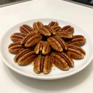 - 2 cups pecan halves - ¼ cup pure maple syrup - 1 teaspoon ground cinnamon - ¼ teaspoon grated nutmeg - ¼ teaspoon sea salt - 1 tablespoon coconut oil, melted - ½ teaspoon pure vanilla extract - A pinch of cayenne pepper (optional) These ingredients bring a warm, sweet taste to your pecans. The maple syrup is the star, providing rich sweetness. Ground cinnamon and nutmeg add warmth and spice. Sea salt enhances the flavor, creating a perfect balance. Coconut oil gives a nice shine and helps with roasting. The vanilla extract adds a lovely undertone. If you like a little kick, cayenne pepper is optional. - Calories per serving: Approximately 200 calories. - Macronutrient breakdown: - Fat: 18 grams - Carbohydrates: 10 grams - Protein: 3 grams This snack is not just tasty; it also packs a punch of nutrition. Pecans are high in healthy fats and provide fiber. The maple syrup adds natural sugar, making it a delightful treat without refined sugars. Enjoy this snack as a quick boost or a sweet addition to your meals. {{ingredient_image_2}} Set your oven to 350&deg;F (175&deg;C). While it heats, line a baking sheet with parchment paper. This will help with easy removal later. In a large bowl, mix together: - 1 tablespoon melted coconut oil - ¼ cup pure maple syrup - 1 teaspoon ground cinnamon - ¼ teaspoon grated nutmeg - ¼ teaspoon sea salt - ½ teaspoon pure vanilla extract - A pinch of cayenne pepper (if you like some heat) Whisk these ingredients until they blend well. This mix gives your pecans a sweet and spicy flavor. Add 2 cups of pecan halves to the bowl. Gently toss them in the maple mixture. Make sure each pecan gets a good coat. This helps bring out the flavors. Spread the coated pecans in a single layer on the baking sheet. This allows them to roast evenly. Place the sheet in the oven. Roast for 15-20 minutes. Stir the pecans every 5 minutes. This helps them cook evenly and prevents burning. When done, they should be golden brown and smell amazing. After roasting, take the sheet out of the oven. Let the pecans cool completely on the sheet. They will get crispier as they cool. Enjoy them right away or store them in an airtight container! To get the best results, stir the pecans every 5 minutes. This step helps them roast evenly. If you skip this, some pecans may burn while others stay soft. Stirring allows all sides to get that lovely golden color and crisp texture. You can modify the ingredients to boost the flavor. If you love spices, try adding more cinnamon or nutmeg. You might also add a dash of ground ginger for a warm kick. Want a bit of heat? A pinch of cayenne pepper adds a fun twist. Just remember to adjust the sweetness if you add more spices. Serve the pecans in a nice bowl. A sprinkle of extra cinnamon on top makes them look fancy. You can also add them to salads or cheese boards for a crunchy touch. These pecans not only taste great but also look beautiful on your table. Pro Tips Even Coating: Ensure all pecans are evenly coated in the maple syrup mixture for consistent flavor in every bite. Watch the Oven: Keep an eye on the pecans while roasting; they can go from perfectly toasted to burnt in a matter of minutes. Cooling Time: Allow the pecans to cool completely on the baking sheet to maximize their crunchiness. Storage Tips: Store the cooled pecans in an airtight container to maintain their freshness and flavor for longer. {{image_4}} You can spice things up by adding cayenne pepper. This adds a nice kick to the sweet pecans. Start with just a pinch, and adjust to your taste. The warmth from the cayenne pairs well with the maple syrup and cinnamon. It creates a fun contrast that keeps you reaching for more. If you want more heat, feel free to add a bit more cayenne. Mixing these pecans with other nuts or dried fruits makes a tasty treat. You can add walnuts or almonds for crunch. Dried cranberries or apricots add a nice sweetness. This mix works great for snacks or party bowls. Just keep the same maple mixture to coat all the nuts. It makes a lovely, colorful mix that everyone will enjoy. Try using different spices for a unique flavor. Cardamom or cloves can change the taste profile. A little cardamom adds warmth, while cloves give a festive vibe. You can still use the same base recipe. Just swap out the spices to see what you like best. It&rsquo;s a fun way to experiment and find your favorite flavor. Store your Maple Cinnamon Roasted Pecans in an airtight container. This keeps them fresh and crunchy. Choose a glass or plastic container with a tight lid. You can also use resealable bags, but ensure no air gets in. This helps lock in flavor and moisture. At room temperature, these pecans stay fresh for about two weeks. If you want to keep them longer, place them in the fridge. They can last for about a month in the fridge. Just remember to let them come to room temperature before snacking. If your pecans lose their crunch, don&rsquo;t worry! You can re-crisp them easily. Spread the pecans on a baking sheet in a single layer. Bake them in a preheated oven at 350&deg;F (175&deg;C) for about 5 to 10 minutes. Keep an eye on them so they don't burn. Cool them down, and they&rsquo;ll be crunchy again! You can make these pecans healthier by using less maple syrup. Try cutting the syrup to 2 tablespoons. You can also swap coconut oil for a lighter oil, such as avocado oil. For added nutrition, consider tossing in some seeds like pumpkin or sunflower seeds. This adds crunch and healthy fats without changing the flavor much. Yes, you can use other nuts! Walnuts work great for a similar taste. Almonds add a nice crunch and a different texture. Cashews bring a creamy flavor. Each nut brings its own twist, so feel free to mix them up for fun flavors! You can keep these pecans fresh for about two weeks. Store them in an airtight container at room temperature. If you want them to last longer, refrigerate them, and they can last up to a month. Just remember, if they lose crunch, you can re-crisp them in the oven for a few minutes! You now have everything you need to make tasty maple cinnamon roasted pecans. We covered the ingredients, cooking steps, and tips to perfect your snack. Remember, even simple changes can boost flavor. Store your pecans properly to keep them fresh longer. Whether you enjoy them on their own or with other snacks, they make a delicious treat. Enjoy your time in the kitchen and share your delicious results!