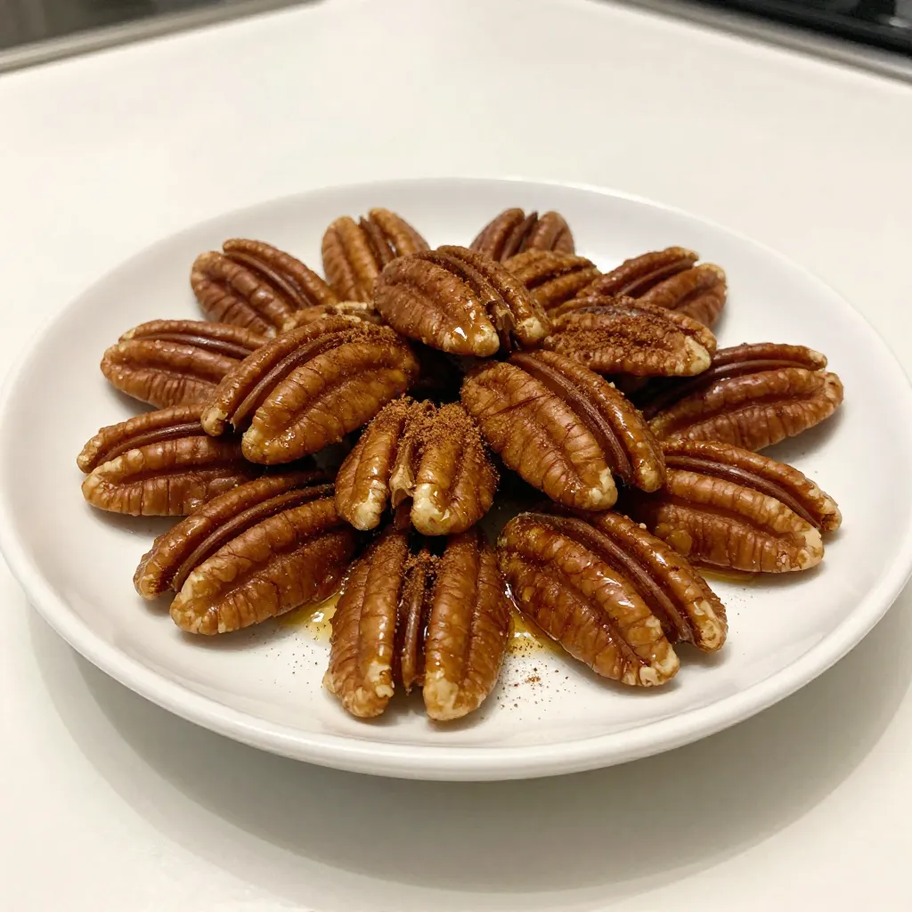 - 2 cups pecan halves - ¼ cup pure maple syrup - 1 teaspoon ground cinnamon - ¼ teaspoon grated nutmeg - ¼ teaspoon sea salt - 1 tablespoon coconut oil, melted - ½ teaspoon pure vanilla extract - A pinch of cayenne pepper (optional) These ingredients bring a warm, sweet taste to your pecans. The maple syrup is the star, providing rich sweetness. Ground cinnamon and nutmeg add warmth and spice. Sea salt enhances the flavor, creating a perfect balance. Coconut oil gives a nice shine and helps with roasting. The vanilla extract adds a lovely undertone. If you like a little kick, cayenne pepper is optional. - Calories per serving: Approximately 200 calories. - Macronutrient breakdown: - Fat: 18 grams - Carbohydrates: 10 grams - Protein: 3 grams This snack is not just tasty; it also packs a punch of nutrition. Pecans are high in healthy fats and provide fiber. The maple syrup adds natural sugar, making it a delightful treat without refined sugars. Enjoy this snack as a quick boost or a sweet addition to your meals. {{ingredient_image_2}} Set your oven to 350&deg;F (175&deg;C). While it heats, line a baking sheet with parchment paper. This will help with easy removal later. In a large bowl, mix together: - 1 tablespoon melted coconut oil - ¼ cup pure maple syrup - 1 teaspoon ground cinnamon - ¼ teaspoon grated nutmeg - ¼ teaspoon sea salt - ½ teaspoon pure vanilla extract - A pinch of cayenne pepper (if you like some heat) Whisk these ingredients until they blend well. This mix gives your pecans a sweet and spicy flavor. Add 2 cups of pecan halves to the bowl. Gently toss them in the maple mixture. Make sure each pecan gets a good coat. This helps bring out the flavors. Spread the coated pecans in a single layer on the baking sheet. This allows them to roast evenly. Place the sheet in the oven. Roast for 15-20 minutes. Stir the pecans every 5 minutes. This helps them cook evenly and prevents burning. When done, they should be golden brown and smell amazing. After roasting, take the sheet out of the oven. Let the pecans cool completely on the sheet. They will get crispier as they cool. Enjoy them right away or store them in an airtight container! To get the best results, stir the pecans every 5 minutes. This step helps them roast evenly. If you skip this, some pecans may burn while others stay soft. Stirring allows all sides to get that lovely golden color and crisp texture. You can modify the ingredients to boost the flavor. If you love spices, try adding more cinnamon or nutmeg. You might also add a dash of ground ginger for a warm kick. Want a bit of heat? A pinch of cayenne pepper adds a fun twist. Just remember to adjust the sweetness if you add more spices. Serve the pecans in a nice bowl. A sprinkle of extra cinnamon on top makes them look fancy. You can also add them to salads or cheese boards for a crunchy touch. These pecans not only taste great but also look beautiful on your table. Pro Tips Even Coating: Ensure all pecans are evenly coated in the maple syrup mixture for consistent flavor in every bite. Watch the Oven: Keep an eye on the pecans while roasting; they can go from perfectly toasted to burnt in a matter of minutes. Cooling Time: Allow the pecans to cool completely on the baking sheet to maximize their crunchiness. Storage Tips: Store the cooled pecans in an airtight container to maintain their freshness and flavor for longer. {{image_4}} You can spice things up by adding cayenne pepper. This adds a nice kick to the sweet pecans. Start with just a pinch, and adjust to your taste. The warmth from the cayenne pairs well with the maple syrup and cinnamon. It creates a fun contrast that keeps you reaching for more. If you want more heat, feel free to add a bit more cayenne. Mixing these pecans with other nuts or dried fruits makes a tasty treat. You can add walnuts or almonds for crunch. Dried cranberries or apricots add a nice sweetness. This mix works great for snacks or party bowls. Just keep the same maple mixture to coat all the nuts. It makes a lovely, colorful mix that everyone will enjoy. Try using different spices for a unique flavor. Cardamom or cloves can change the taste profile. A little cardamom adds warmth, while cloves give a festive vibe. You can still use the same base recipe. Just swap out the spices to see what you like best. It&rsquo;s a fun way to experiment and find your favorite flavor. Store your Maple Cinnamon Roasted Pecans in an airtight container. This keeps them fresh and crunchy. Choose a glass or plastic container with a tight lid. You can also use resealable bags, but ensure no air gets in. This helps lock in flavor and moisture. At room temperature, these pecans stay fresh for about two weeks. If you want to keep them longer, place them in the fridge. They can last for about a month in the fridge. Just remember to let them come to room temperature before snacking. If your pecans lose their crunch, don&rsquo;t worry! You can re-crisp them easily. Spread the pecans on a baking sheet in a single layer. Bake them in a preheated oven at 350&deg;F (175&deg;C) for about 5 to 10 minutes. Keep an eye on them so they don't burn. Cool them down, and they&rsquo;ll be crunchy again! You can make these pecans healthier by using less maple syrup. Try cutting the syrup to 2 tablespoons. You can also swap coconut oil for a lighter oil, such as avocado oil. For added nutrition, consider tossing in some seeds like pumpkin or sunflower seeds. This adds crunch and healthy fats without changing the flavor much. Yes, you can use other nuts! Walnuts work great for a similar taste. Almonds add a nice crunch and a different texture. Cashews bring a creamy flavor. Each nut brings its own twist, so feel free to mix them up for fun flavors! You can keep these pecans fresh for about two weeks. Store them in an airtight container at room temperature. If you want them to last longer, refrigerate them, and they can last up to a month. Just remember, if they lose crunch, you can re-crisp them in the oven for a few minutes! You now have everything you need to make tasty maple cinnamon roasted pecans. We covered the ingredients, cooking steps, and tips to perfect your snack. Remember, even simple changes can boost flavor. Store your pecans properly to keep them fresh longer. Whether you enjoy them on their own or with other snacks, they make a delicious treat. Enjoy your time in the kitchen and share your delicious results!