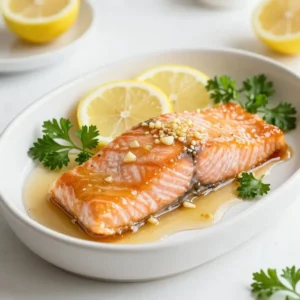 - 4 salmon fillets, skin on - ¼ cup pure honey - 2 tablespoons freshly squeezed lemon juice - 3 garlic cloves, finely minced - 1 tablespoon extra-virgin olive oil - 1 teaspoon fresh thyme leaves (or ½ teaspoon dried thyme) - Sea salt and black pepper, to taste - Lemon slices - Fresh parsley sprigs (optional) - Baking sheet - Parchment paper - Mixing bowl - Whisk To make this dish, gather all your ingredients first. You want to work quickly. Fresh salmon fillets are key. They give the best flavor and texture. Use skin-on fillets for extra moisture and taste. The honey brings sweetness, while lemon juice adds a zesty kick. Garlic gives it a strong, savory depth. Fresh thyme is a must for that herby aroma. For garnishing, lemon slices make the dish pop visually and taste-wise. Adding parsley sprigs is optional but adds color to your plate. Let's not forget the tools. A baking sheet is essential for cooking the salmon. Using parchment paper helps with easy clean-up. A mixing bowl is needed to mix your marinade. Finally, a whisk helps blend all the ingredients smoothly. Once you have everything ready, you will feel like a pro chef in your kitchen! {{ingredient_image_2}} - Preheat oven to 400°F (200°C). - Line baking sheet with parchment paper. - Combine honey, lemon juice, garlic, olive oil, thyme, salt, and pepper. - Whisk until smooth. - Place salmon fillets on the baking sheet. - Brush marinade over salmon. - Reserve marinade for basting. - Bake and baste the salmon. - Allow salmon to rest. - Garnish before serving. To start, preheat your oven to 400°F (200°C). This helps the salmon cook evenly. Next, grab a baking sheet and line it with parchment paper. This step makes cleanup a breeze. Now, let’s make that tasty marinade. In a mixing bowl, combine honey, lemon juice, minced garlic, olive oil, thyme, salt, and pepper. Use a whisk to blend everything together until it’s smooth. You want a nice, even mixture. Once the marinade is ready, place your salmon fillets skin-side down on the prepared baking sheet. Brush the marinade generously over each fillet. Make sure to cover them well for the best flavor. Don’t forget to set aside some marinade in a bowl for basting later. Now it’s time to bake! Place the baking sheet in the preheated oven and bake the salmon for 12-15 minutes. The fish is done when it flakes easily with a fork. Halfway through baking, baste the salmon with the reserved marinade. This adds extra flavor and a lovely shine. When the salmon is cooked, take it out of the oven. Let it rest for a couple of minutes. This helps keep the fish moist. Finally, garnish your salmon with fresh lemon slices and optional parsley. It will look beautiful and taste even better! To check if your salmon is done, use a fork. Gently press the thickest part of the fish. If it flakes easily, it is ready. The fish should be opaque and no longer translucent. This method works well and helps avoid overcooking. Resting time is key. After cooking, let the salmon sit for a couple of minutes. This step keeps the juices inside, making the fish moist and tasty. It also helps the flavors settle. Want to boost flavor? Consider adding fresh herbs like dill or basil. These herbs add a fresh taste that pairs well with salmon. You can also try spices like paprika for a warm flavor. If you want a different sweetener, maple syrup is a great option. It brings a unique taste to the dish. Brown sugar can also work in a pinch. Just remember to adjust the amount to your liking. Should you bake or grill? Both methods have their perks. Baking is easy and keeps the salmon moist. It also allows for even cooking. Grilling adds a nice smoky flavor. It creates a delicious char on the outside. However, it can be tricky to keep the fish from sticking. You may need to spray the grill with oil or use a grill pan. Choose the method that suits your taste best! Pro Tips Marinate for Longer: For even more depth of flavor, marinate the salmon for at least 30 minutes or up to 2 hours in the refrigerator before baking. Use Fresh Ingredients: Fresh thyme and garlic will enhance the dish's flavor profile significantly compared to dried alternatives. Check Doneness Carefully: The salmon is done when it flakes easily with a fork and has an internal temperature of 145°F (63°C) for the best texture. Serve with Sides: Pair the salmon with seasonal vegetables or a light salad to create a balanced and nutritious meal. {{image_4}} You can change the flavor by adding herbs. Dill or basil works great. These herbs add a fresh taste. Just sprinkle them on the salmon before baking. You can use either fresh or dried herbs. Fresh herbs give a brighter flavor. Dried herbs are easy to keep on hand. Both options are tasty! If you like heat, try adding spice! Red pepper flakes or sriracha can kick it up a notch. Mix these into your marinade before brushing it on the salmon. Start with a little spice and add more to taste. This adds a nice contrast to the sweet and tangy sauce. Your guests will love this spicy twist! Wraps are a fun way to enjoy this salmon. After cooking, flake the salmon into pieces. You can use tortillas or lettuce leaves for a low-carb option. Add your favorite veggies like lettuce, tomatoes, or cucumbers. Drizzle extra honey lemon garlic sauce for added flavor. These wraps make a great lunch or light dinner! To keep your Honey Lemon Garlic Salmon fresh, store the leftovers in the fridge. Place the salmon in an airtight container. It will last up to three days. If you want to keep it longer, freezing is a good option. Make sure to let it cool before sealing it up. When reheating salmon, you want to keep it moist. Place the salmon on a baking sheet. Cover it with foil to prevent drying out. Heat it in a preheated oven set to 275°F (135°C). This takes about 15 minutes. You can also use a microwave, but be careful. Heat it in short bursts, checking often. If you want to freeze your cooked salmon, wrap it tightly. Use plastic wrap or foil, then place it in a freezer bag. This helps keep out air and moisture. It will stay good for up to three months. When ready to eat, thaw it in the fridge overnight before reheating. Yes, you can use frozen salmon. Just follow these steps to thaw it: - Place the frozen salmon in the fridge overnight. - If you need it fast, put the salmon in a sealed bag and submerge it in cold water for about an hour. - Once thawed, pat the salmon dry with paper towels. This helps the marinade stick better. Using frozen salmon works well, but fresh salmon often tastes better. When serving Honey Lemon Garlic Salmon, you have many tasty side options. Here are some favorites: - Steamed broccoli or asparagus for a green crunch. - Garlic mashed potatoes for a creamy touch. - Quinoa or rice for a hearty base. - A fresh salad with mixed greens and a light vinaigrette. These sides balance the sweet and tangy flavors of the salmon. To check if your salmon is done, look for these signs: - The salmon should flake easily when tested with a fork. - The color should change from bright pink to a pale orange. - If you have a food thermometer, aim for an internal temperature of 145°F (63°C). These tips will help you serve perfectly cooked salmon every time. This blog post guides you through making honey lemon garlic salmon. We covered key ingredients, essential tools, and step-by-step instructions. I shared tips for perfect cooking, flavor enhancement, and different variations. Understanding storage and reheating methods helps you enjoy this dish longer. Remember, the right blend of flavors makes cooking fun. Try adding your twist to the recipe. With practice, you’ll make salmon meals that impress everyone. Enjoy cooking and discovering new tastes!