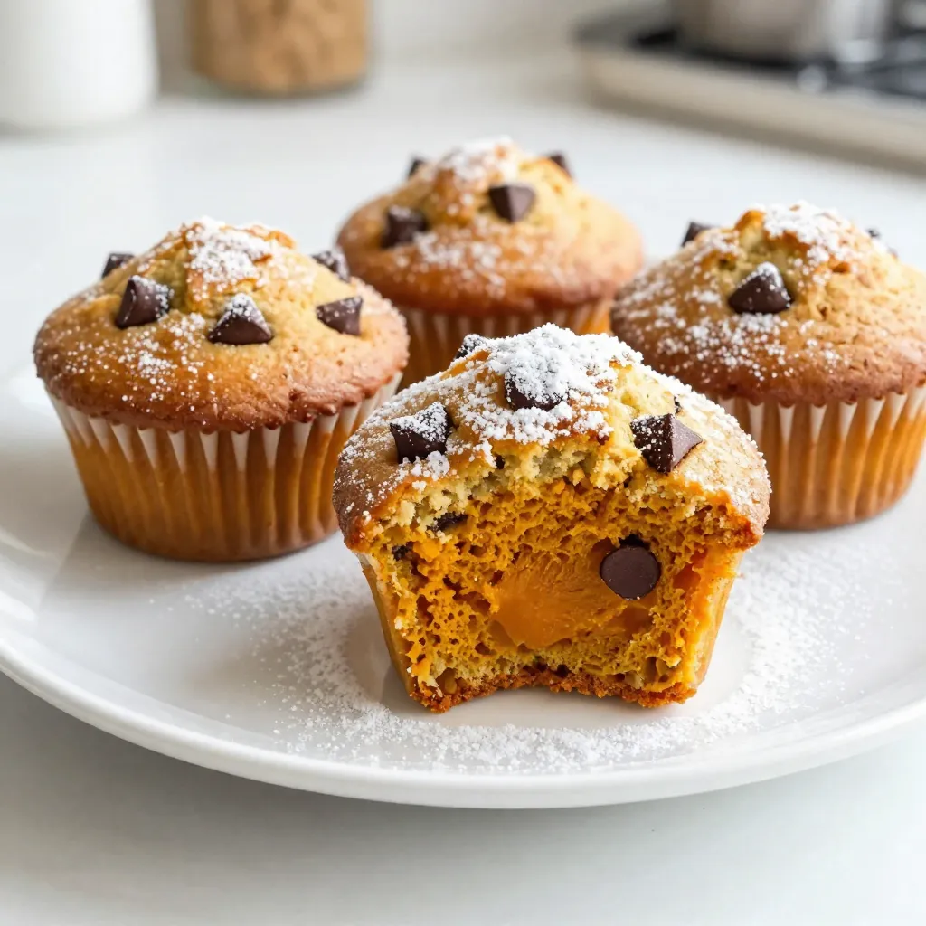 To make delicious chocolate chip pumpkin muffins, you need a few key ingredients. Here&rsquo;s what you will gather: - 1 cup pumpkin puree (canned or freshly made) - ½ cup granulated sugar - ½ cup packed brown sugar - ¼ cup vegetable oil - 2 large eggs - 1 teaspoon vanilla extract - 1 ½ cups all-purpose flour - 1 teaspoon baking powder - 1 teaspoon baking soda - 1 teaspoon ground cinnamon - ½ teaspoon ground nutmeg - ¼ teaspoon ground ginger - ½ teaspoon salt - 1 cup semi-sweet chocolate chips Each ingredient plays an important role. The pumpkin puree adds moisture and flavor. The sugars bring sweetness and help with browning. The oil keeps the muffins tender. The eggs act as a binder. The flour provides structure, while baking powder and baking soda help them rise. The spices add warmth, making these muffins perfect for fall. Finally, the chocolate chips give a sweet surprise in every bite. Gather all your ingredients, and let&rsquo;s create something wonderful! {{ingredient_image_2}} 1. Preheat your oven to 350&deg;F (175&deg;C). Line a muffin tin with paper liners. You can also grease it lightly. 2. In a large bowl, mix the pumpkin puree, granulated sugar, brown sugar, vegetable oil, eggs, and vanilla. Whisk until the mixture is smooth. 3. In another bowl, whisk together the all-purpose flour, baking powder, baking soda, ground cinnamon, ground nutmeg, ground ginger, and salt. Make sure it is well combined. 1. Slowly add the dry mixture to the wet mixture. Stir gently until just combined. Be careful not to overmix; this helps keep the muffins light. 2. Fold in the semi-sweet chocolate chips. Ensure they are spread evenly without overworking the batter. 1. Use a spoon or ice cream scoop to fill each muffin cup about three-quarters full. This allows room for the muffins to rise. 2. Place the muffin tin in your preheated oven. Bake for 18-20 minutes. To check doneness, insert a toothpick into the center of a muffin. It should come out clean or with a few moist crumbs. 3. When done, take the muffins out of the oven. Let them cool in the tin for about 5 minutes. Then, transfer them to a wire rack to cool completely. To get the best muffins, avoid overmixing. When you mix too much, your muffins can turn out dense and tough. Instead, mix until just combined. This means you should still see some flour lumps in the batter. Use a spatula to fold in the dry ingredients gently. This keeps the muffins light and fluffy. To make your muffins even tastier, try adding more spices. A pinch of allspice or cloves can add depth. You can also use a bit more cinnamon for warmth. If you love chocolate, add an extra half cup of chocolate chips. This makes each bite rich and indulgent. You can also use dark chocolate chips for a more intense flavor. Pro Tips Use Fresh Pumpkin Puree: If possible, make your own pumpkin puree from fresh pumpkins for a more vibrant flavor and texture. Check for Doneness: Insert a toothpick into the center of a muffin; if it comes out clean or with a few moist crumbs, your muffins are ready. Don&rsquo;t Overmix: Mix the batter until just combined to ensure your muffins remain fluffy and tender rather than dense. Storage Tips: Keep any leftovers in an airtight container at room temperature for up to 3 days, or freeze them for longer storage. {{image_4}} If you want to make these muffins healthier, try swapping out the oil. Use unsweetened applesauce or yogurt instead. Both options cut down on fat and add moisture. You can also use half the amount of sugar. The natural sweetness from pumpkin helps balance the flavor. For those needing gluten-free muffins, substitute the all-purpose flour with a gluten-free blend. This blend usually works well in baked goods. Just make sure the blend contains xanthan gum for structure. You can find it in many stores or online. To change up the flavor, consider adding nuts or dried fruit. Chopped walnuts or pecans add a nice crunch. Dried cranberries or raisins bring a sweet and chewy texture. Just mix in about half a cup when you add the chocolate chips. If you want to swap chocolate for other mix-ins, try white chocolate or peanut butter chips. Both give a unique twist to the classic muffin. You can also add spices like cardamom or cloves for a warm flavor boost. To keep your chocolate chip pumpkin muffins fresh, store them properly. At room temperature, place them in an airtight container. This helps maintain their moisture. They can last up to three days this way. If you want to keep them longer, consider refrigeration. In the fridge, they stay fresh for about a week. For even longer storage, freeze the muffins. Wrap each muffin in plastic wrap and place them in a freezer bag. They can last up to three months in the freezer. When you want to enjoy your muffins again, reheating is key. The best method is to use the oven. Preheat it to 350&deg;F (175&deg;C). Place the muffins on a baking sheet and cover them with foil. Heat for about 10-15 minutes. This method keeps them soft and warm. Another quick method is using the microwave. Heat each muffin for 10-15 seconds. Be careful not to overheat, or the muffins may become dry. Enjoy them warm for the best taste! Can I use fresh pumpkin instead of canned? Yes, you can use fresh pumpkin! Just cook and puree it first. This may add a bit of flavor and freshness. Make sure it&rsquo;s smooth to match the canned kind. How do I know when muffins are done? Check with a toothpick! Insert it into the center of a muffin. If it comes out clean or with a few crumbs, your muffins are ready. This usually takes about 18 to 20 minutes. Can I make mini muffins instead of regular sized? Absolutely! To make mini muffins, fill the mini cups about halfway. Bake them for about 10 to 15 minutes. Keep an eye on them to avoid overbaking. Are these muffins suitable for vegans? These muffins are not vegan because they contain eggs. To make them vegan, you can use flax eggs or applesauce instead. Each flax egg equals one tablespoon of ground flaxseed mixed with two and a half tablespoons of water. What can I substitute for eggs? You have several options! Use unsweetened applesauce, mashed bananas, or a flax egg. Each of these will help bind the muffins while keeping them moist. For one egg, use ¼ cup of applesauce or ½ a mashed banana. You learned about making chocolate chip pumpkin muffins from scratch. We covered the ingredients, step-by-step instructions, and tips for the best texture. You also discovered variations and storage methods to keep muffins fresh. I hope you feel ready to bake these tasty treats. Enjoy the process and share your muffins with friends. You'll impress them with your skills and their delicious taste. Happy baking!