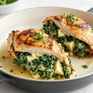 To make a delicious spinach artichoke stuffed chicken, gather the following key ingredients: - 4 boneless, skinless chicken breasts - 1 cup fresh spinach, finely chopped - 1 cup canned or frozen artichoke hearts, drained and roughly chopped - ½ cup cream cheese, softened to room temperature - ½ cup shredded mozzarella cheese - ¼ cup grated Parmesan cheese - 3 cloves garlic, minced These ingredients create a rich and creamy filling that pairs perfectly with juicy chicken. To enhance the flavors, you'll need: - 1 teaspoon Italian seasoning - Salt and freshly ground black pepper to taste - 2 tablespoons olive oil - Fresh parsley, chopped, for garnish The Italian seasoning adds depth, while salt and pepper balance the dish. Fresh parsley gives a bright finish. You will need some basic kitchen tools: - A sharp knife for slicing the chicken - A mixing bowl for the filling - A large oven-safe skillet for searing and baking - Toothpicks to secure the chicken pockets (optional) - A meat thermometer to check the chicken's doneness These tools help make the cooking process smooth and successful. {{ingredient_image_2}} First, you need to preheat your oven to 375&deg;F (190&deg;C). This is important for even cooking. While the oven warms up, gather your ingredients. You will need chicken breasts, spinach, artichokes, cream cheese, mozzarella, Parmesan, garlic, Italian seasoning, salt, and pepper. Make sure your spinach is finely chopped and artichokes are drained and roughly chopped. In a medium bowl, combine the spinach and artichoke hearts. Add the softened cream cheese, shredded mozzarella, and grated Parmesan. Then, mix in the minced garlic and Italian seasoning. Don&rsquo;t forget to season with salt and pepper. Stir well until everything is evenly mixed. This filling brings great taste to your chicken. Now, take each chicken breast and carefully slice a pocket in the thickest part. Be sure to leave the ends sealed. This helps keep the filling inside. Next, fill each pocket with the spinach and artichoke mixture. If needed, use toothpicks to secure the openings. This step is key to keeping all that yummy filling from spilling out. Heat the olive oil in a large oven-safe skillet over medium-high heat. Once the oil shimmers, add the stuffed chicken breasts. Sear them for about 3-4 minutes on each side until they turn golden brown. This adds flavor and texture. After searing, transfer the skillet to the preheated oven. Bake for 20-25 minutes until the chicken is cooked through. Use a meat thermometer to check that the inside reaches 165&deg;F (74&deg;C). After baking, let the chicken rest for a few minutes. If you used toothpicks, carefully pull them out before serving. Finally, garnish with fresh parsley for a vibrant touch. Enjoy your delightful meal! To cook chicken just right, always use a meat thermometer. Insert it into the thickest part of the breast. The chicken should reach 165&deg;F (74&deg;C). This ensures it's safe to eat and juicy. Searing the chicken for 3-4 minutes on each side gives it a nice golden crust. Then, baking it in the oven keeps it tender. To keep your spinach and artichoke filling inside, slice a pocket carefully. Don&rsquo;t cut all the way through. After filling, you can use toothpicks to seal the pocket. This helps hold the stuffing while cooking. Be gentle when flipping the chicken in the skillet to avoid spills. For a great meal, serve the stuffed chicken on a white plate. Drizzle the juices from the skillet over the top. This adds flavor and looks nice. Pair it with roasted vegetables or a fresh salad. A light white wine, like Sauvignon Blanc, also works well. For extra color, sprinkle fresh parsley on top before serving. Pro Tips Choose Quality Chicken: Always select fresh, high-quality chicken breasts for the best flavor and texture. Season Generously: Don't forget to season the chicken pockets with salt and pepper before stuffing to enhance the overall taste. Experiment with Cheese: Feel free to mix different cheeses, like cheddar or feta, to customize the flavor of your stuffing. Let It Rest: Allow the stuffed chicken to rest for a few minutes after baking; this helps retain the juices and ensures a moist dish. {{image_4}} You can change the filling to suit your taste. Try using cooked, chopped mushrooms for an earthy flavor. You might also add sun-dried tomatoes for a burst of sweetness. For a creamier texture, swap cream cheese with ricotta cheese. If you like a kick, mix in some jalape&ntilde;os or your favorite hot sauce. You can even use shredded chicken or turkey in the filling to make it heartier. You can grill the stuffed chicken for a smoky flavor. Just preheat your grill to medium heat and cook for about 6-8 minutes on each side. Alternatively, you could use an air fryer for a crispy outer crust. Set it to 375&deg;F (190&deg;C) and cook for about 18-20 minutes. This method keeps the chicken juicy while giving it a nice crunch. To make this dish gluten-free, ensure all ingredients are labeled as gluten-free. You can use dairy-free cream cheese and cheese for a dairy-free option. If you want a low-carb meal, serve the chicken on a bed of saut&eacute;ed zucchini noodles instead of pasta. For a protein-packed meal, consider adding some quinoa or lentils to the filling. This dish is versatile and can fit many dietary needs. To keep your leftover stuffed chicken fresh, let it cool first. Then, wrap each piece tightly in plastic wrap or aluminum foil. You can also place it in an airtight container. Store it in the fridge. It will stay good for up to 3 days. To reheat your stuffed chicken, use the oven for best results. Preheat your oven to 350&deg;F (175&deg;C). Place the chicken on a baking sheet. Cover it with foil to keep it moist. Heat for about 15-20 minutes, or until warmed through. You can also use a microwave, but it may dry out the chicken. If you want to freeze the stuffed chicken, do so before cooking. Wrap each chicken breast in plastic wrap and then in foil. Label them with the date. They can last up to 3 months in the freezer. When ready to cook, thaw them in the fridge overnight. Bake as usual for a tasty meal. You can pair it with many sides. Here are a few ideas: - Roasted vegetables like carrots and bell peppers. - A fresh garden salad with a light dressing. - Garlic bread or crusty rolls to soak up juices. - Creamy mashed potatoes for a comforting touch. These options make your meal colorful and delicious. They also add different textures to your plate. Yes, you can use frozen spinach! Just remember to thaw and drain it first. Frozen spinach has more water than fresh. So, squeeze out any excess moisture before mixing it with the other ingredients. This step keeps your stuffing from getting too soggy. Cooking time depends on the size of your chicken breasts. Generally, it takes about 20-25 minutes at 375&deg;F (190&deg;C). Always check the internal temperature. Chicken should reach 165&deg;F (74&deg;C) to be safe to eat. The best way is to use a meat thermometer. Insert it into the thickest part of the chicken. If it reads 165&deg;F (74&deg;C), your chicken is done. If you don't have a thermometer, cut into the chicken. The juices should run clear, and the meat should not be pink. In this article, we explored how to make delicious Spinach Artichoke Stuffed Chicken. We covered the main ingredients, simple steps to prepare it, and tips for success. You learned about tasty variations and proper storage methods, too. Now you can create a meal that impresses everyone. Cooking can be fun and rewarding. Enjoy your time in the kitchen, and don&rsquo;t forget to share this dish with friends and family!