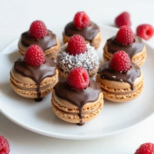 - 2 &frac12; cups sweetened shredded coconut - 1 cup sweetened condensed milk - 1 teaspoon vanilla extract - &frac12; teaspoon almond extract - &frac14; teaspoon salt - 1 cup fresh raspberries, roughly chopped - 1 cup dark chocolate chips (for dipping) For this recipe, use a standard measuring cup for liquids and solids. A teaspoon and a quarter teaspoon are also standard tools. Each cup of shredded coconut weighs about 3.5 ounces. Sweetened condensed milk is thick, so make sure to scoop it out well. Use fresh raspberries that are firm and not mushy for the best flavor and texture. If you can't find sweetened shredded coconut, you can use unsweetened coconut and just add a little sugar. You can swap the sweetened condensed milk with coconut milk and some sugar if you want a dairy-free option. If you don&rsquo;t have almond extract, vanilla extract works just fine. You can skip the chocolate and serve them plain, or use white chocolate if you prefer a different taste. {{ingredient_image_2}} First, set your oven to 325&deg;F (163&deg;C). This is the perfect temperature for baking. Next, grab a baking sheet and line it with parchment paper. This helps the macaroons not stick. In a large bowl, mix together the sweetened shredded coconut and sweetened condensed milk. Add the vanilla and almond extract, along with the salt. Stir until everything is well mixed. You want a sticky texture. Now, gently fold in the chopped raspberries. Be careful not to mash them. Use a tablespoon to scoop out the mixture. Make small mounds and place them on the baking sheet. Leave about one inch between each mound. They need space to spread. Bake them for 15 to 18 minutes. Look for a golden brown color on the edges. While the macaroons cool, it&rsquo;s time to melt the chocolate chips. You can use a heatproof bowl over simmering water or the microwave. If using a microwave, heat in 30-second bursts and stir in between. Once smooth, dip the bottom of each macaroon in the chocolate. Let the excess drip off. Place them back on the wire rack to set. For a fun touch, drizzle more chocolate on top. Let the chocolate harden at room temperature or refrigerate for a quick set. To get the best texture, watch your mixing. Stir the coconut mixture gently. You want it sticky but not too wet. The sweetened condensed milk gives moisture, but too much can make them soggy. When adding raspberries, fold them in softly. This keeps the fruit's shape, giving great bites of flavor. Bake until golden. This gives a crisp outside and a soft inside. If you have leftovers, store them well. Place them in an airtight container. They can last up to five days at room temperature. For longer storage, use the fridge. Just remember to let them warm up a bit before eating. This keeps the texture nice. One common mistake is overmixing the batter. This can lead to tough macaroons. Another mistake is not spacing them out on the baking sheet. They need room to spread. Lastly, check the baking time. If you bake them too long, they can dry out. Remember, golden edges are key! Pro Tips Use Fresh Raspberries: For the best flavor and texture, use fresh, ripe raspberries. Frozen raspberries may add excess moisture, affecting the consistency of the macaroons. Chill the Macaroons: After forming the mounds, consider chilling them in the refrigerator for about 10 minutes before baking. This helps them hold their shape during baking. Chocolate Melting Techniques: If using a microwave to melt chocolate, be careful not to overheat it, as it can seize. Stir frequently and stop heating as soon as it's almost melted to allow residual heat to finish the job. Storage Tips: Store the macaroons in an airtight container at room temperature for up to 5 days, or refrigerate for longer freshness. If stacked, place parchment paper between layers to prevent sticking. {{image_4}} You can switch up the flavor of your macaroons easily. Try using lemon zest for a bright twist. Orange zest adds a sweet aroma and bright flavor too. For chocolate lovers, mix in cocoa powder to the coconut base. This gives a rich, deep taste. You can also add extracts like mint or coconut for a fun twist. Each flavor will create a unique treat! Nuts can add crunch and flavor to your macaroons. Chopped almonds or walnuts work well with coconut. You can also try macadamia nuts for a tropical touch. Just fold them into the coconut mixture gently. This way, you keep their shape. If you want a nut-free option, sunflower seeds are a great substitute. They add a nice texture without nuts. To make these macaroons vegan, swap sweetened condensed milk with coconut cream. This will keep the creaminess while making it dairy-free. For gluten-free macaroons, you are already in luck! The main ingredients are naturally gluten-free. Just be sure to check labels on your coconut and chocolate chips. This way, you avoid any hidden gluten. Enjoy your tasty treats without worry! To keep your macaroons fresh, store them in an airtight container. Place parchment paper between layers to avoid sticking. You can store them at room temperature for a few days. If you want to keep them longer, the fridge works too. Just make sure the container seals well to avoid moisture. Freezing is a great way to save your macaroons. After they cool completely, place them in a single layer on a baking sheet. Freeze for about an hour. Once firm, transfer the macaroons to a freezer-safe bag or container. This helps keep their shape and texture. For the best taste and texture, eat macaroons within 1 week at room temperature. In the fridge, they can last up to 2 weeks. Frozen macaroons can stay fresh for up to 3 months. Just thaw them in the fridge before enjoying. To keep macaroons fresh, store them in an airtight container. Layer them with parchment paper to avoid sticking. You can keep them at room temperature for up to a week. If you want them to last longer, place them in the fridge. This will keep them good for around two weeks. For even longer storage, consider freezing them. They can last up to three months in the freezer. Yes, you can make macaroons without raspberries. You can skip the raspberries or replace them with other fruits like chopped cherries or dried cranberries. If you want a plain coconut flavor, just leave the raspberries out. You can also add nuts or chocolate chips for a different taste. You know macaroons are done when the edges turn a golden brown. Baking them usually takes about 15 to 18 minutes. Keep an eye on them as they bake to avoid overcooking. The tops should look firm, and they should feel set when you touch them. Besides dark chocolate, you can use white chocolate or milk chocolate for dipping. You can also drizzle caramel or a fruit glaze for a fun twist. If you want a unique flavor, try using melted peanut butter or almond butter. These dips will add extra taste and make your macaroons even more special. You learned the key ingredients and steps to make delicious macaroons. We explored tips for perfecting texture and storing leftovers. You can create fun variations too, like vegan or gluten-free options. Always remember the common mistakes and how to avoid them. Making macaroons can be simple and fun. With the right approach, you&rsquo;ll enjoy tasty treats that impress everyone. So grab your ingredients and start baking. Enjoy your sweet journey!