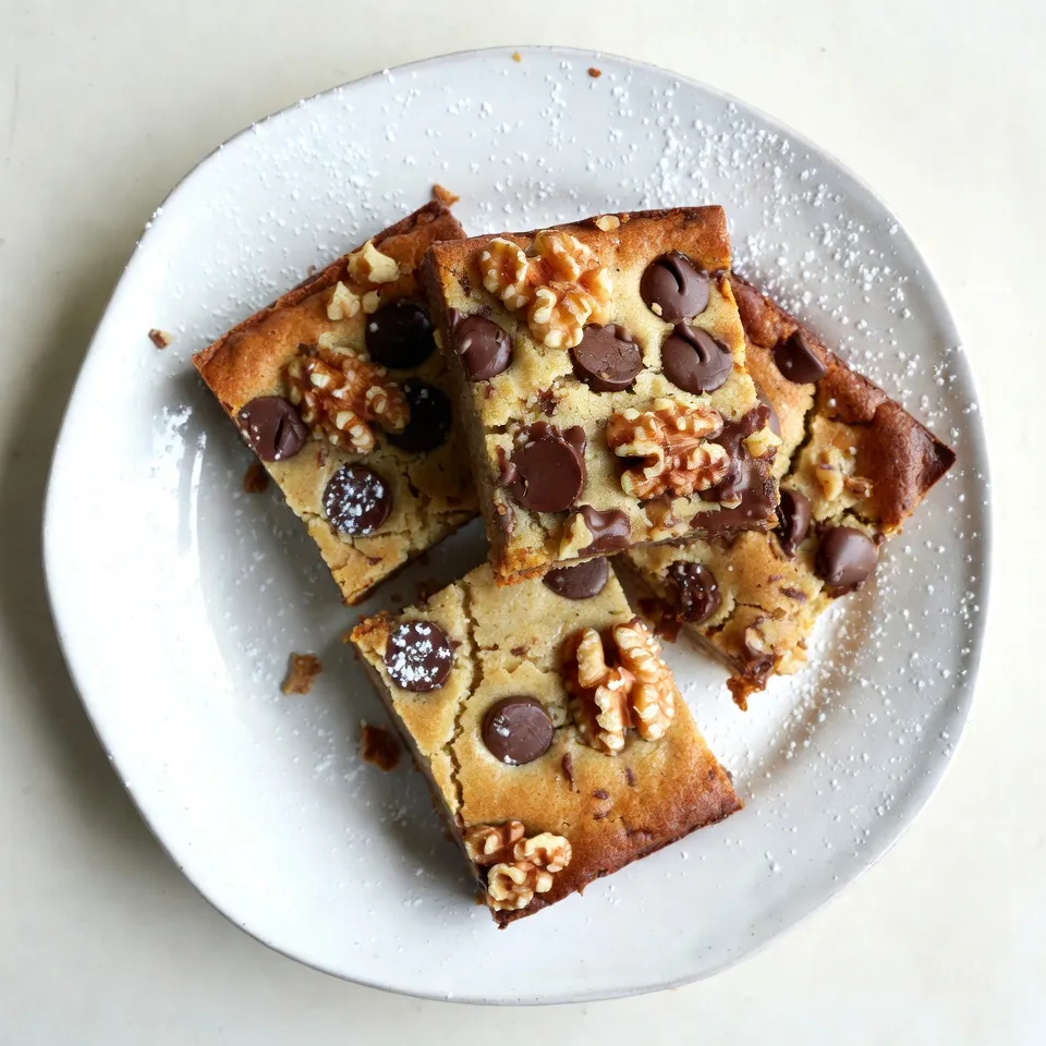 To make Chocolate Chip Banana Bread Blondies, you need simple, fresh ingredients. Here&rsquo;s the list to gather: - 2 ripe bananas - ½ cup unsalted butter - 1 cup packed brown sugar - 1 large egg - 1 teaspoon pure vanilla extract - 1 cup all-purpose flour - ½ teaspoon baking powder - ¼ teaspoon baking soda - ¼ teaspoon fine sea salt - ½ cup semi-sweet chocolate chips - ¼ cup chopped walnuts (optional) Using ripe bananas adds natural sweetness. The butter gives richness, while brown sugar adds depth. The egg helps bind everything together. The vanilla extract gives a warm flavor. Flour is the base for the batter. Baking powder and baking soda help the blondies rise. Sea salt brings out the sweetness and balances flavors. The chocolate chips are the star! They melt into gooey pockets of chocolate. Walnuts are optional, but they add crunch and a nutty flavor. Make sure all ingredients are fresh for the best results. You can adjust the nuts and chocolate to fit your taste. Enjoy the process of baking with these delightful ingredients! {{ingredient_image_2}} - Set temperature to 350&deg;F (175&deg;C). - Prepare a 9x9-inch baking pan. Start by preheating your oven. This helps the blondies bake evenly. While the oven heats up, grab your baking pan. Grease it lightly or line it with parchment paper. This will make it easy to remove the blondies later. - Combine bananas and melted butter. - Add brown sugar, egg, and vanilla extract. Next, mash two ripe bananas in a large bowl until smooth. You want them creamy and free of lumps. Then, pour in the melted butter and mix well. Add the packed brown sugar, cracking in one egg, and pour in the vanilla extract. Stir until the mixture is smooth and well combined. - Whisk together flour, baking powder, baking soda, and sea salt. In another bowl, whisk together the flour, baking powder, baking soda, and sea salt. This step is key. It ensures that the dry ingredients blend well, leading to a fluffy texture in your blondies. - Gradually add dry ingredients to wet. - Carefully fold in chocolate chips and walnuts. Now, slowly add the dry ingredients to your wet mix. Use a spatula to combine them gently. Be careful not to overmix, as this can make the blondies tough. Once mixed, fold in ½ cup of chocolate chips and ¼ cup of chopped walnuts if you like them. This adds great flavor and crunch. - Pour batter into prepared pan. - Bake for 25-30 minutes. Pour the batter into your prepared pan. Spread it evenly into the corners. Place the pan in the oven and bake for 25 to 30 minutes. You&rsquo;ll know they are done when a toothpick inserted in the center comes out clean or with a few moist crumbs. - Transfer to wire rack after cooling in pan. After baking, let the blondies cool in the pan for about 10 minutes. Then, transfer them to a wire rack to cool completely. Once cooled, cut them into 16 squares and enjoy the yummy flavors! - Use ripe bananas for sweetness. They make your blondies taste better. - For the perfect consistency, mash bananas until smooth. This helps blend all the flavors well. - Overmixing the batter leads to tough blondies. Mix just until you see no dry flour. - Determining the baking time is key. Check them at 25 minutes. A toothpick should come out clean or with a few moist crumbs. - Arrange blondies on a decorative platter. It makes serving look fancy. - For a fun touch, dust with powdered sugar or drizzle melted chocolate on top. - Serve with fresh banana slices or a scoop of vanilla ice cream for extra joy. Pro Tips Use Overripe Bananas: The riper the bananas, the sweeter and more flavorful your blondies will be. Look for bananas with brown spots for the best results. Don't Overmix: To keep your blondies tender and chewy, mix just until the dry ingredients are incorporated. Overmixing can lead to a dense texture. Try Different Mix-Ins: Feel free to experiment with other add-ins like shredded coconut, peanut butter chips, or dried fruit for a unique flavor twist. Check for Doneness: Oven temperatures can vary, so start checking your blondies a few minutes early. They should be golden brown and a toothpick should come out clean or with a few moist crumbs. {{image_4}} You can change up the flavor of your blondies easily. One fun way is to swap the chocolate chips. You might try dark chocolate, milk chocolate, or even white chocolate. Each type will give you a new taste. You can also add spices to boost flavor. A pinch of cinnamon or nutmeg can add warmth. These spices blend well with banana and enhance the sweetness. If you like nuts, consider mixing in different kinds. Pecans or almonds can add a nice crunch. They will also give your blondies a unique flavor. If you want a nut-free version, just leave the nuts out. Your blondies will still taste amazing without them. For those with dietary needs, there are great options. You can make these blondies gluten-free by using almond flour or oat flour. These flours will keep the texture nice while being safe for gluten-free diets. If you want to make a vegan version, replace the egg with a flax egg. Just mix one tablespoon of ground flaxseed with three tablespoons of water. Let it sit for a few minutes to thicken before adding it to the batter. These small changes let everyone enjoy this treat! To keep your blondies fresh, store them in an airtight container. This helps them stay soft and tasty. You can also wrap them in plastic wrap before placing them in the container. Store the blondies at room temperature for up to three days. If you want to keep them longer, consider freezing them. To freeze your blondies, first let them cool completely. Then, cut them into squares. Wrap each square tightly in plastic wrap. Place the wrapped blondies in a freezer-safe bag or container. This will protect them from freezer burn. They can stay in the freezer for up to three months. When you&rsquo;re ready to enjoy them, take out the desired amount. Let them thaw at room temperature for about an hour. You can also warm them in the microwave for about 15 seconds. To reheat blondies, preheat your oven to 350&deg;F (175&deg;C). Place the blondies on a baking sheet. Heat them for about 5-10 minutes. This will make them warm and soft again. You can also use the microwave. Heat them on a plate for about 10-15 seconds. Enjoy your blondies warm for the best taste! Chocolate chip banana bread blondies last about 3 to 4 days at room temperature. Store them in an airtight container to keep them fresh. If you want to extend their freshness, you can refrigerate them for up to a week. Just remember to bring them to room temperature before serving for the best taste. Yes, you can make these blondies gluten-free. A great substitute is almond flour or a gluten-free all-purpose flour blend. Almond flour adds a nice nutty flavor. If using a blend, ensure it contains xanthan gum for the right texture in your blondies. If you don't have brown sugar, you can use white sugar with molasses. Use one cup of white sugar mixed with one tablespoon of molasses for a similar flavor. You can also try coconut sugar, which gives a caramel-like taste, or maple syrup, but adjust the liquid in the recipe to maintain the right consistency. Absolutely! You can add nuts like pecans or almonds for a crunchy texture. Dried fruits like raisins or cranberries can also add sweetness. For a fun twist, try adding peanut butter chips or butterscotch chips. The options are endless! You now know how to make delicious Chocolate Chip Banana Bread Blondies. We covered the key ingredients, step-by-step instructions, and tips for perfecting your dish. Flavor variations and storage tips help you enjoy these treats longer. Remember, using ripe bananas makes a big difference in taste. Don't forget to try different mix-ins to keep things fun. Enjoy your baking, and share these blondies with friends! They will love them, and so will you.