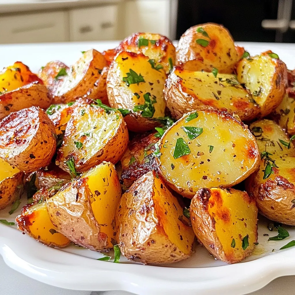 - 2 pounds of red potatoes, washed and halved - 4 tablespoons of extra-virgin olive oil - 4 cloves of garlic, finely minced - 1 tablespoon of fresh rosemary, finely chopped - 1 tablespoon of fresh thyme, finely chopped - 1 teaspoon of smoked paprika - Salt and freshly ground black pepper, to taste - Fresh parsley, finely chopped (for garnish) To make garlic herb roasted red potatoes, gather these simple items. Red potatoes are perfect for this dish. They hold their shape well and have a nice flavor. Extra-virgin olive oil adds richness. Garlic gives that bold taste you crave. Fresh rosemary and thyme bring a fragrant touch. Smoked paprika adds a hint of warmth and color. Salt and pepper are key for flavor. Finally, fresh parsley adds a pop of color when serving. Together, these ingredients create a tasty and vibrant side dish. {{ingredient_image_2}} - Preheat the oven to 425&deg;F (220&deg;C). - Line a large baking sheet with parchment paper. These steps set the stage for your tasty dish. Preheating the oven helps cook the potatoes evenly. Lining the baking sheet makes cleanup easy. - Combine red potatoes with olive oil and spices in a mixing bowl. - Toss to coat the potatoes evenly. In a big bowl, add the halved red potatoes along with olive oil, minced garlic, chopped rosemary, chopped thyme, smoked paprika, salt, and pepper. Mix it all well. You want every potato to soak up that awesome flavor. - Spread the seasoned potatoes on the baking sheet. - Roast for 25-30 minutes, turning halfway through. Next, place your coated potatoes on the baking sheet. Make sure they are not too close together. This space allows them to roast well and get crispy. After 25-30 minutes, turn them halfway through the cooking time. You'll know they are done when they turn golden brown and crispy. Enjoy the aroma wafting through your kitchen! To get the best garlic herb roasted red potatoes, space them well on the baking sheet. This allows hot air to flow around each potato. When they have room, they roast better. If they touch, they steam and may not turn golden brown. Check for doneness by looking for that beautiful golden-brown color on the outside. You can also poke them with a fork. If they feel soft inside, they are ready. This method helps ensure a crispy outside and tender inside. To boost the flavor, try adding herbs like oregano or basil. You can even mix in some crushed red pepper for a little heat. Other spices, like garlic powder or onion powder, can add depth too. These roasted potatoes pair well with many dishes. Serve them next to grilled chicken, steak, or fish. They also shine as a side for salads or veggie mains. You can even enjoy them as a tasty snack on their own! Pro Tips Cut Evenly: Ensure all potato halves are similar in size for even cooking and browning. Use Fresh Herbs: Fresh herbs enhance flavor significantly compared to dried ones, so opt for fresh rosemary and thyme when possible. Don't Overcrowd: Spread the potatoes out on the baking sheet to allow proper air circulation, which leads to crispier results. Experiment with Spices: Feel free to mix in other spices like garlic powder or onion powder for added flavor complexity. {{image_4}} You can switch red potatoes for Yukon Gold or fingerling potatoes. Yukon Golds have a buttery taste and creamy texture. They roast well and are easy to find. Fingerling potatoes are small and fun to use. Their unique shapes add charm to your plate. Both options will still give you that crispy finish we love. If you want to change the herbs, consider using sage or oregano instead of rosemary and thyme. Sage brings a warm, earthy flavor, while oregano adds a hint of zest. You can also try adding spices like Italian seasoning or garlic powder for a new twist. Each herb or spice adds its unique flair, making your dish special every time. To keep your garlic herb roasted red potatoes fresh, cool them first. Place them in an airtight container. They will stay good in the fridge for about 3 to 5 days. If you want to store them longer, freeze them. Just make sure to use a freezer-safe bag. Remove as much air as you can to prevent freezer burn. Label the bag with the date to track how long they&rsquo;ve been stored. For the best taste, reheat your roasted potatoes in the oven. Preheat your oven to 350&deg;F (175&deg;C). Spread the potatoes on a baking sheet. Heat for about 15-20 minutes. This will help keep them crispy. If you&rsquo;re in a hurry, use the microwave. Place them in a microwave-safe dish and cover with a damp paper towel. Heat for 2-3 minutes, checking to see if they&rsquo;re warm. Enjoy them hot! Roasted red potatoes can stay fresh in the fridge for up to four days. To store them, place the cooled potatoes in an airtight container. This helps keep moisture out and keeps them tasty. If you want to keep them longer, you can freeze them. Just pack them in a freezer bag and squeeze out excess air. They can last up to three months in the freezer. Yes, you can prepare garlic herb roasted red potatoes ahead of time. You can wash and cut the potatoes a day before. Store them in water in the fridge to prevent browning. You can mix the olive oil and herbs in a bowl. When it&rsquo;s time to cook, just toss the potatoes in this mix. It saves time and keeps them flavorful. These potatoes pair well with many dishes. Try serving them with grilled chicken or roasted fish. They also go great with a fresh salad or steamed veggies. For a complete meal, consider adding a creamy dip or sauce. You can even serve them alongside a hearty soup. The options are endless! Garlic herb roasted red potatoes are simple and tasty. We covered the key ingredients and provided clear steps to roast them perfectly. I shared tips to enhance flavor and smart storage ideas. Remember, you can switch up herbs or try different potatoes for new tastes. Roasting is a fun way to enjoy this dish. Try it out and see how it can complement your meals!