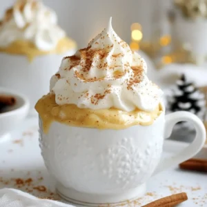 For this Eggnog Mug Cake, gather these simple items: - 4 tablespoons all-purpose flour - 2 tablespoons granulated sugar - ⅛ teaspoon baking powder - ⅛ teaspoon ground nutmeg - ⅛ teaspoon ground cinnamon - Pinch of salt - 3 tablespoons eggnog (store-bought or freshly made) - 1 tablespoon vegetable oil - ¼ teaspoon vanilla extract - Whipped cream (for topping) - A sprinkle of nutmeg and cinnamon (for garnish) You can mix it up with different ingredients. Here are some ideas: - Use almond flour for a gluten-free option. - Swap vegetable oil for melted butter for a richer taste. - Replace vanilla extract with rum extract for a festive twist. - Try coconut milk in place of eggnog for a dairy-free version. These changes can still give you a tasty mug cake. Using fresh ingredients makes a big difference in flavor. Here&rsquo;s why: - Eggnog: Fresh eggnog can enhance the cake's taste and aroma. - Spices: Fresh ground nutmeg and cinnamon make it special and fragrant. - Flour and Sugar: Fresh flour and sugar help the cake rise and stay soft. When you use fresh items, you can create a mug cake that really shines. This small effort pays off with great flavor! {{ingredient_image_2}} Start with a microwave-safe mug. Add these dry ingredients: - 4 tablespoons all-purpose flour - 2 tablespoons granulated sugar - ⅛ teaspoon baking powder - ⅛ teaspoon ground nutmeg - ⅛ teaspoon ground cinnamon - A pinch of salt Use a whisk or fork to mix them well. This step is key. It ensures the baking powder and spices blend evenly. If not mixed well, your cake may not rise. Now, it&rsquo;s time for the wet ingredients. Pour in: - 3 tablespoons eggnog - 1 tablespoon vegetable oil - ¼ teaspoon vanilla extract With a spoon or spatula, stir everything together. You want a smooth batter with no lumps. Make sure to scrape the edges of the mug. This helps mix in any dry bits that stick. Put the mug in the microwave. Cook on high for 1 minute and 30 seconds. Microwaves can differ, so watch the cake as it cooks. It should rise and feel firm at the top. If it still feels wet in the center, give it a few more seconds. When done, carefully remove the mug. It will be hot. Let it cool for a few minutes. This makes it safe to eat. Top with whipped cream. Finish it off with a sprinkle of nutmeg and cinnamon for a festive touch. To get a fluffy eggnog mug cake, mix the dry ingredients well. This helps the baking powder spread evenly. When you add the wet ingredients, stir until the batter is smooth. Watch for lumps; they can make the cake dense. Cook the cake for 1 minute and 30 seconds in the microwave. If it still feels wet, add 10 more seconds. Each microwave is different, so stay close! One big mistake is overmixing the batter. This can make the cake tough instead of soft. Another mistake is not checking the microwave power. If your cake rises too much, it may overflow. Always use a mug that is big enough. Lastly, don&rsquo;t skip the cooling time. A hot mug can burn your hands! Top your eggnog mug cake with whipped cream for a festive touch. A sprinkle of nutmeg and cinnamon adds a nice flavor. You can also serve it with a scoop of vanilla ice cream. This adds creaminess and balances the spice. For a fun twist, drizzle some caramel sauce on top. Enjoy it warm right after cooking for the best experience! Pro Tips Use Fresh Eggnog: For the best flavor, opt for freshly made eggnog if possible. The spices and richness will elevate your mug cake significantly. Customize the Spice Level: Feel free to adjust the amounts of nutmeg and cinnamon according to your taste. If you love spices, add a bit more for an extra kick! Watch the Microwave Time: Since microwaves vary in power, start with 1 minute and check if it needs more time. It's better to undercook slightly than overcook to maintain moisture. Experiment with Toppings: While whipped cream is delightful, consider adding chocolate shavings, caramel drizzle, or even crushed candy canes for a unique twist. {{image_4}} You can make this mug cake even more special by adding chocolate or caramel. To add chocolate, mix in a tablespoon of mini chocolate chips before cooking. This gives your cake a sweet surprise. If you love caramel, drizzle a bit on top after cooking. The warm cake and cool cream create a tasty treat. If you need a gluten-free version, swap the all-purpose flour for a gluten-free blend. Many blends work well in mug cakes. Just make sure it has xanthan gum, which helps with texture. The rest of the ingredients stay the same, and you will still get a delicious cake. While whipped cream is the classic topping, you can try other options. Use vanilla ice cream for a rich taste. A dollop of Greek yogurt adds a tangy twist. You can also sprinkle crushed gingerbread cookies on top for a festive crunch. Each topping gives a new flavor and fun look to your cake. To keep your eggnog mug cake fresh, let it cool first. Once cool, cover it with plastic wrap or place it in an airtight container. This keeps it moist and tasty. Store it in the fridge for up to two days. If you wait too long, the cake can dry out. When you're ready to enjoy your leftover mug cake, reheat it in the microwave. Place the mug in the microwave and heat for 10 to 15 seconds. Check if it&rsquo;s warm enough. If not, heat it for a few more seconds. Be careful not to overheat, or the cake may become tough. You can freeze your mug cake if you want to save it for later. First, let it cool completely. Then, wrap it tightly in plastic wrap. After that, place it in a freezer-safe bag or container. It can last in the freezer for up to three months. When you're ready to eat it, thaw it in the fridge overnight before reheating. You can tell the cake is done when it rises and feels firm. Check the center for wet spots. If it&rsquo;s dry and springy, it&rsquo;s ready. Microwaves cook differently, so watch it closely. Cooking time is usually around 1 minute and 30 seconds. If it needs more time, add 10 seconds at a time. Yes, you can make more than one mug cake. Just multiply the ingredients by the number of servings you need. Mix each mug separately to keep the texture right. If you want to cook them together, use a larger bowl. Be careful with the cooking time since it may change. You can use milk or almond milk mixed with some spices. Add a bit of vanilla to mimic the flavor. Coconut milk is also a great option for a unique twist. Just adjust the sweetness according to your taste. Yes, this recipe is great for kids! It&rsquo;s quick, easy, and fun to make. Just supervise them while using the microwave. You can also let them pick their toppings, like whipped cream or sprinkles. It's a nice way to get them involved in the kitchen. This blog post covered essential steps for making a delicious Eggnog Mug Cake. We discussed ingredient choices, preparation, cooking, and serving tips. Fresh ingredients matter for the best flavor and texture. Remember to avoid common cooking mistakes for success. You can also explore fun variations, storage tips, and answers to frequently asked questions. With these insights, you can create an enjoyable treat that friends and family will love. Now, you have the tools to impress everyone with your baking skills. Enjoy every bite!